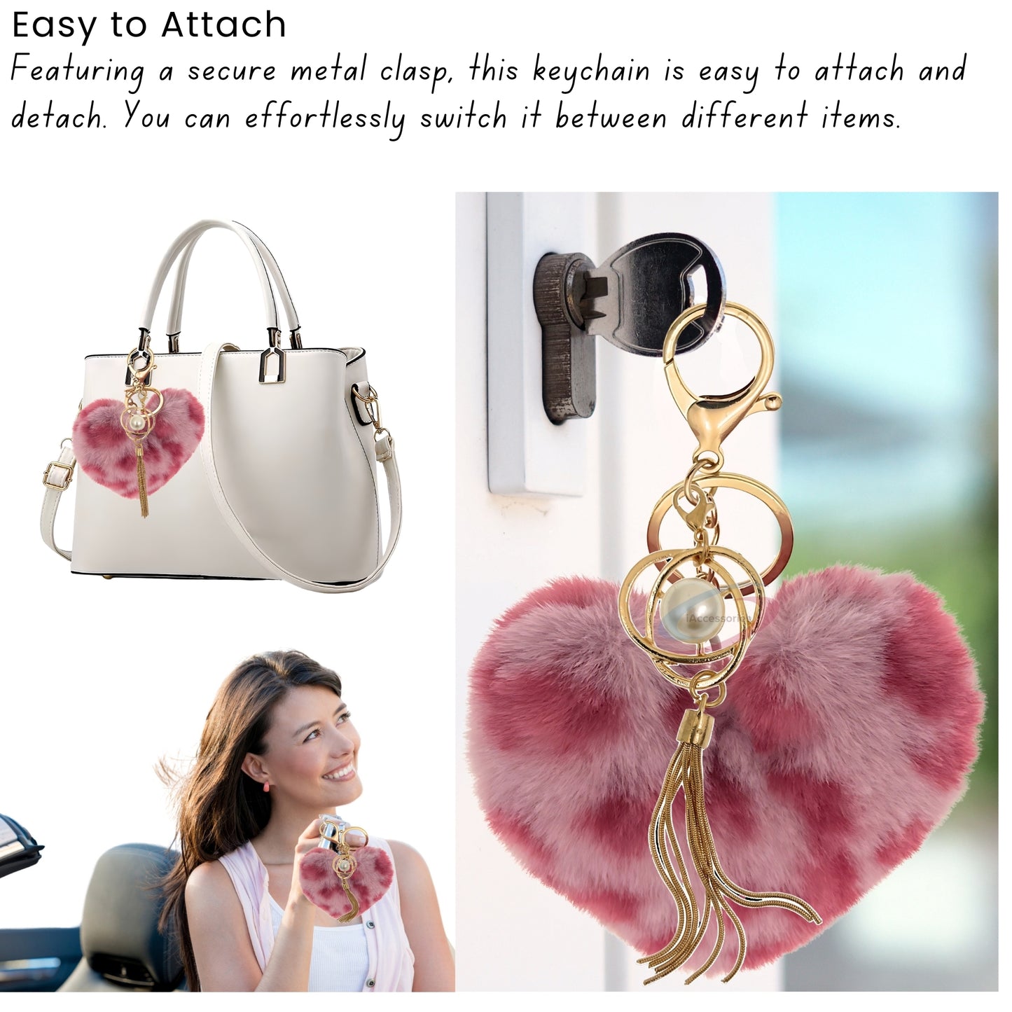 iAccessories Fluffy Soft Faux Fur Pompom Heart Keychain - Fashionable Pearl Tassel Pendant Charm for Girls | Perfect for Bags, Purses, Wallets, Cars, Bikes, Scooty, Home Keys - Rose Lepo - iAccessories