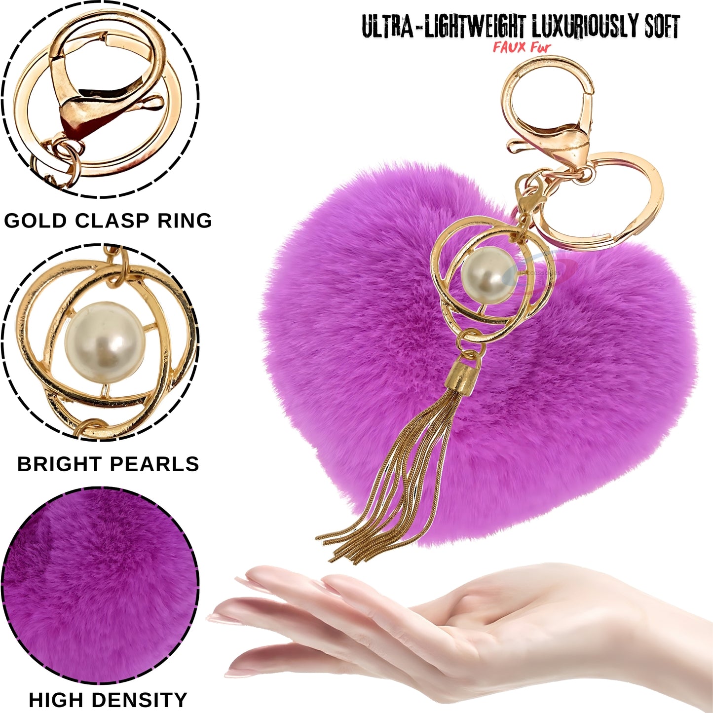 iAccessories Fluffy Soft Faux Fur Pompom Heart Keychain - Fashionable Pearl Tassel Pendant Charm for Girls | Perfect for Bags, Purses, Wallets, Cars, Bikes, Scooty, Home Keys - Violet - iAccessories