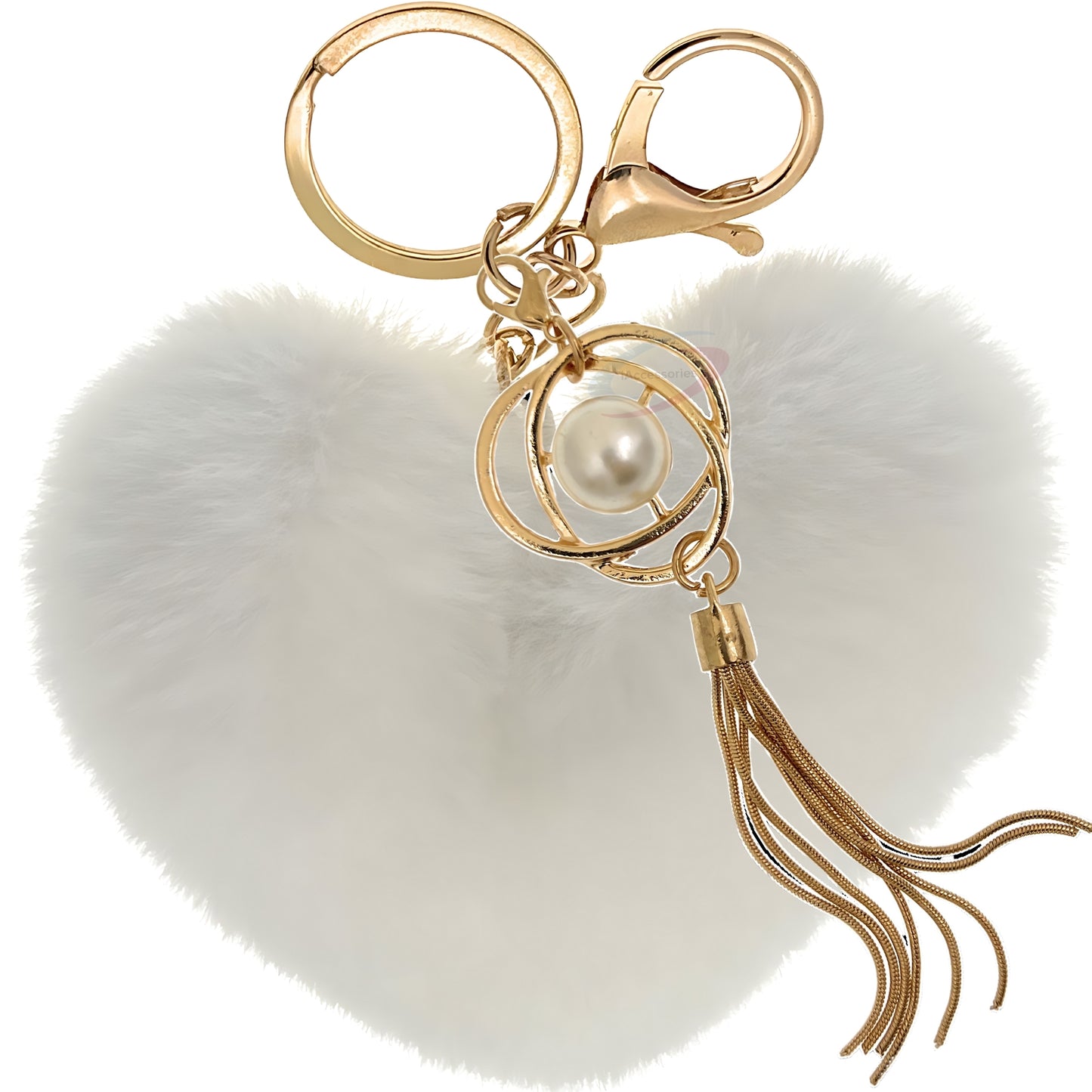 iAccessories Fluffy Soft Faux Fur Pompom Heart Keychain - Fashionable Pearl Tassel Pendant Charm for Girls | Perfect for Bags, Purses, Wallets, Cars, Bikes, Scooty, Home Keys - White - iAccessories