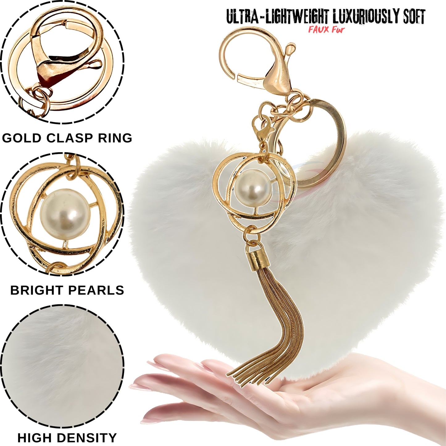 iAccessories Fluffy Soft Faux Fur Pompom Heart Keychain - Fashionable Pearl Tassel Pendant Charm for Girls | Perfect for Bags, Purses, Wallets, Cars, Bikes, Scooty, Home Keys - White - iAccessories