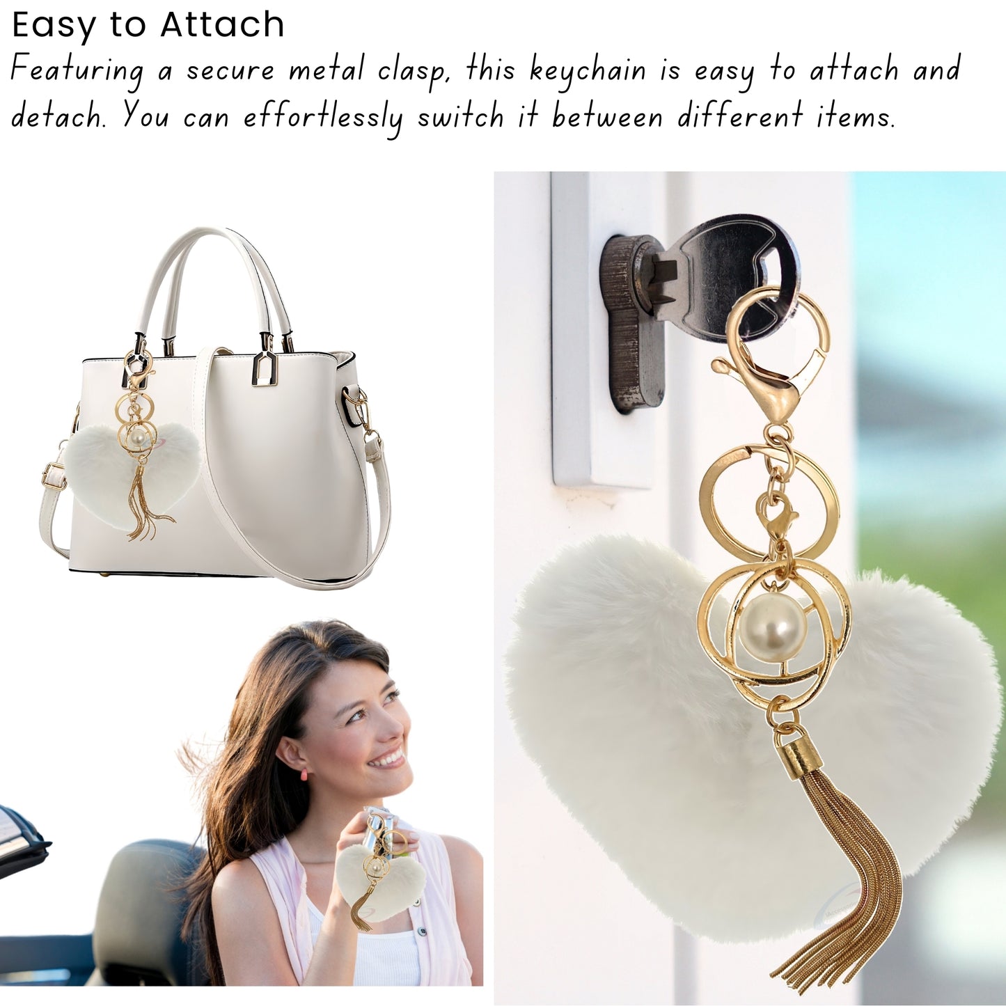 iAccessories Fluffy Soft Faux Fur Pompom Heart Keychain - Fashionable Pearl Tassel Pendant Charm for Girls | Perfect for Bags, Purses, Wallets, Cars, Bikes, Scooty, Home Keys - White - iAccessories