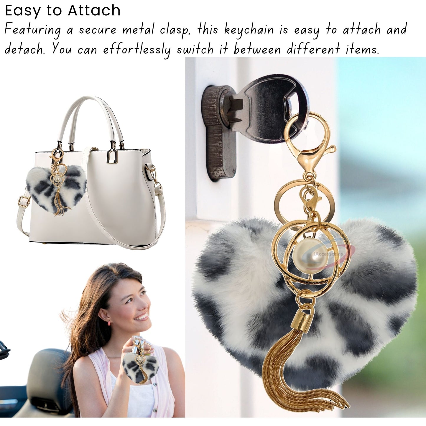 iAccessories Fluffy Soft Faux Fur Pompom Heart Keychain - Fashionable Pearl Tassel Pendant Charm for Girls | Perfect for Bags, Purses, Wallets, Cars, Bikes, Scooty, Home Keys - White Black Lepo - iAccessories