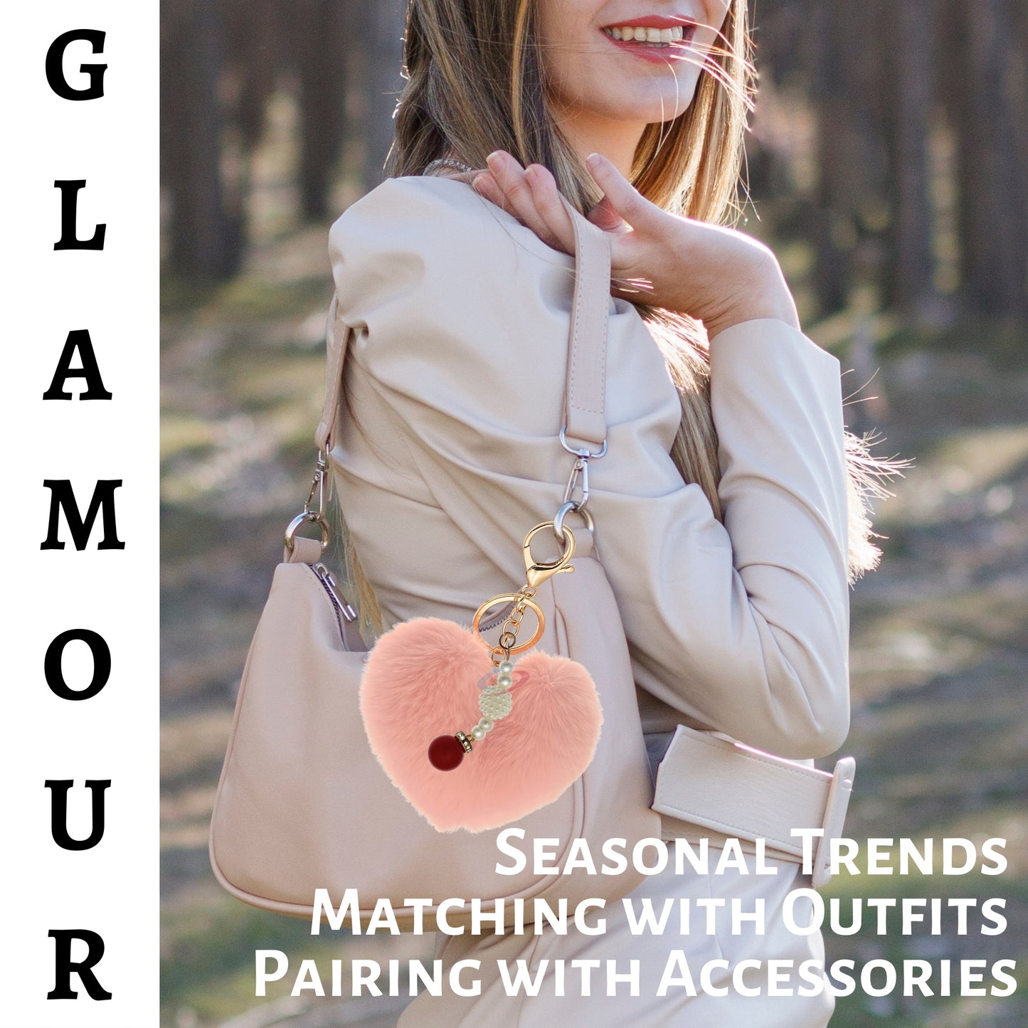 iAccessories Soft Faux Fur Pompom Heart Keychain with Pearl Pendant- Baby Pink - iAccessories