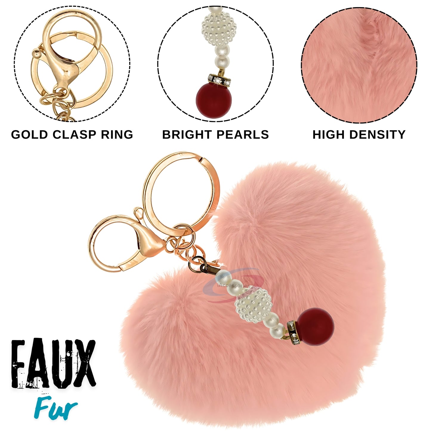 iAccessories Soft Faux Fur Pompom Heart Keychain with Pearl Pendant- Baby Pink - iAccessories