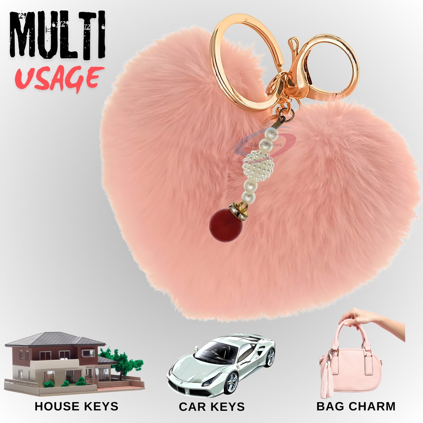 iAccessories Soft Faux Fur Pompom Heart Keychain with Pearl Pendant- Baby Pink - iAccessories