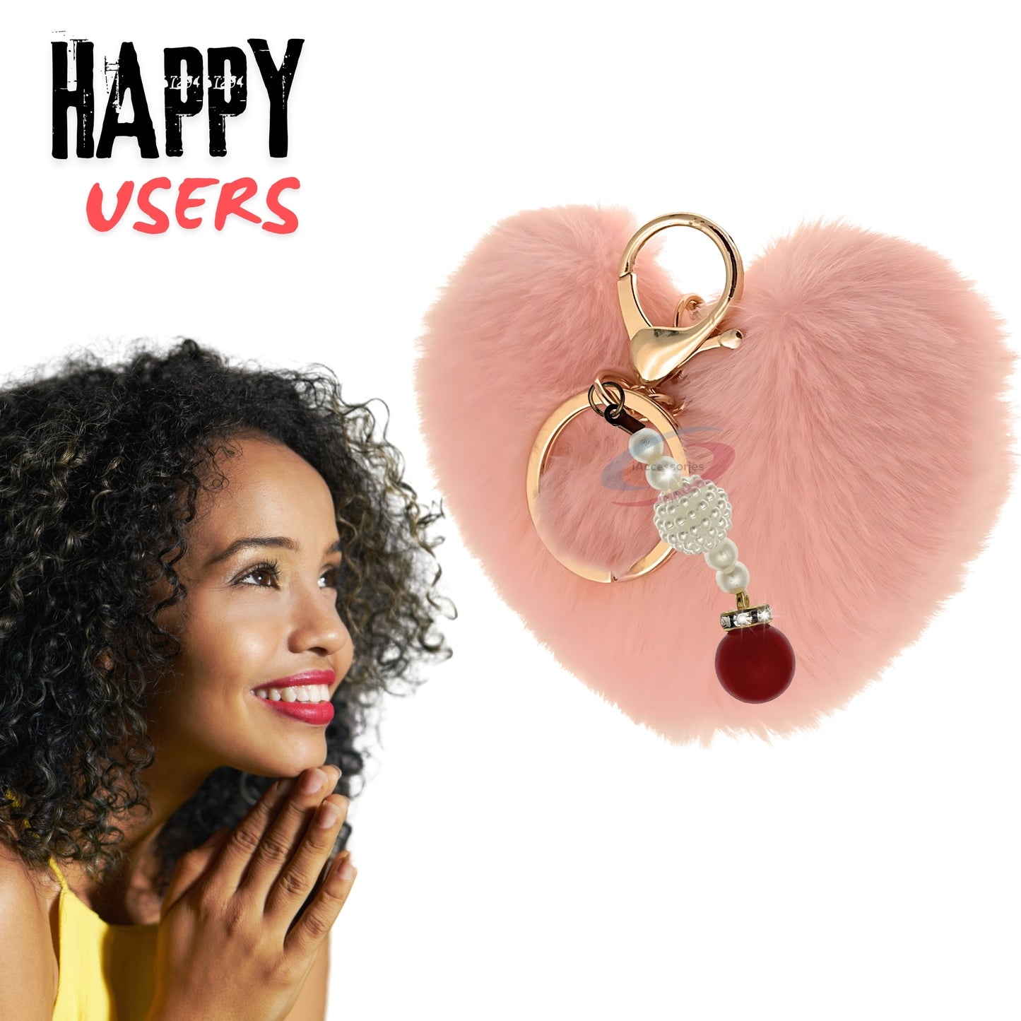 iAccessories Soft Faux Fur Pompom Heart Keychain with Pearl Pendant- Baby Pink - iAccessories