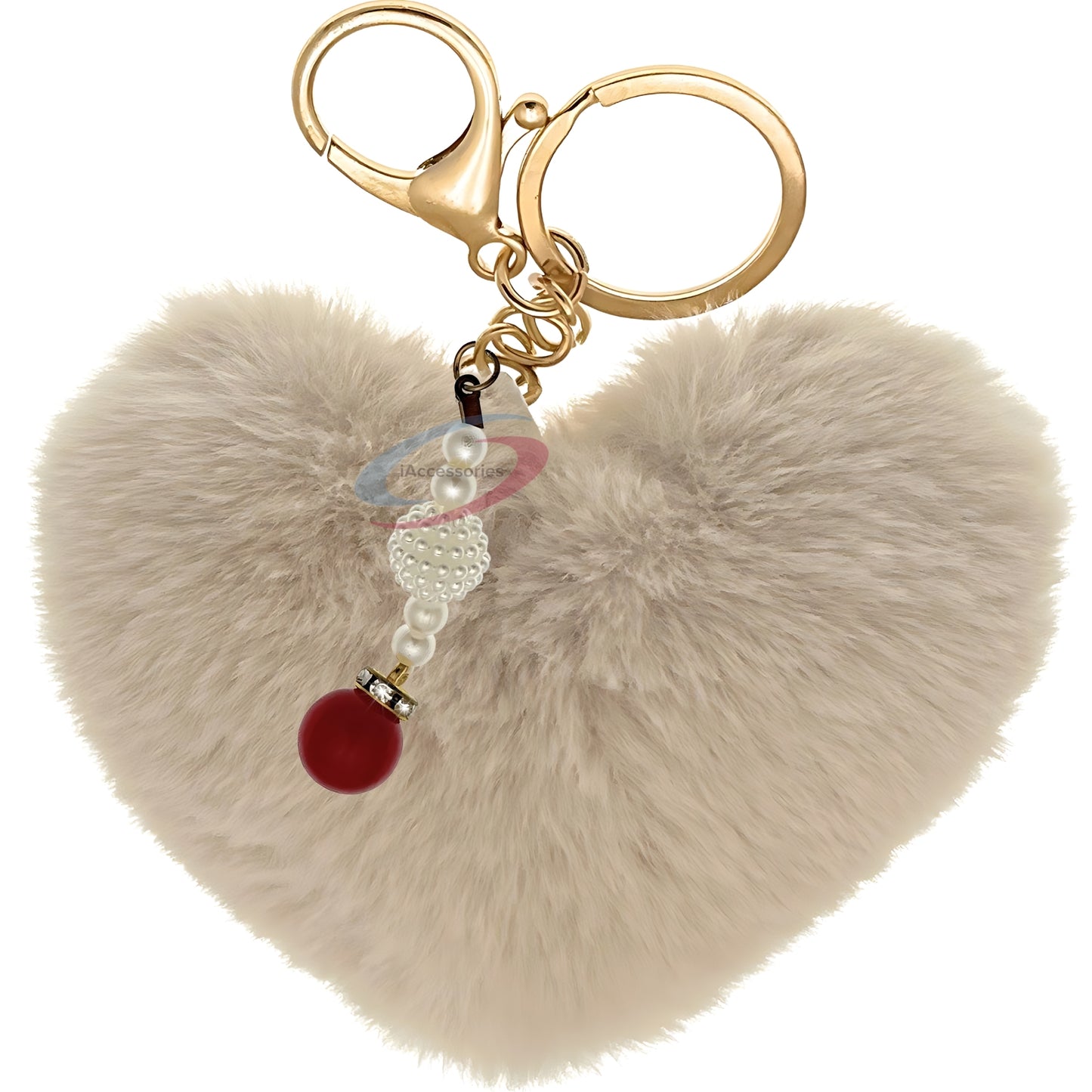 iAccessories Soft Faux Fur Pompom Heart Keychain with Pearl Pendant - Beige - iAccessories