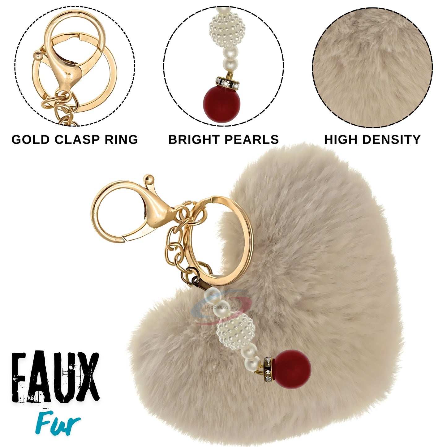 iAccessories Soft Faux Fur Pompom Heart Keychain with Pearl Pendant - Beige - iAccessories