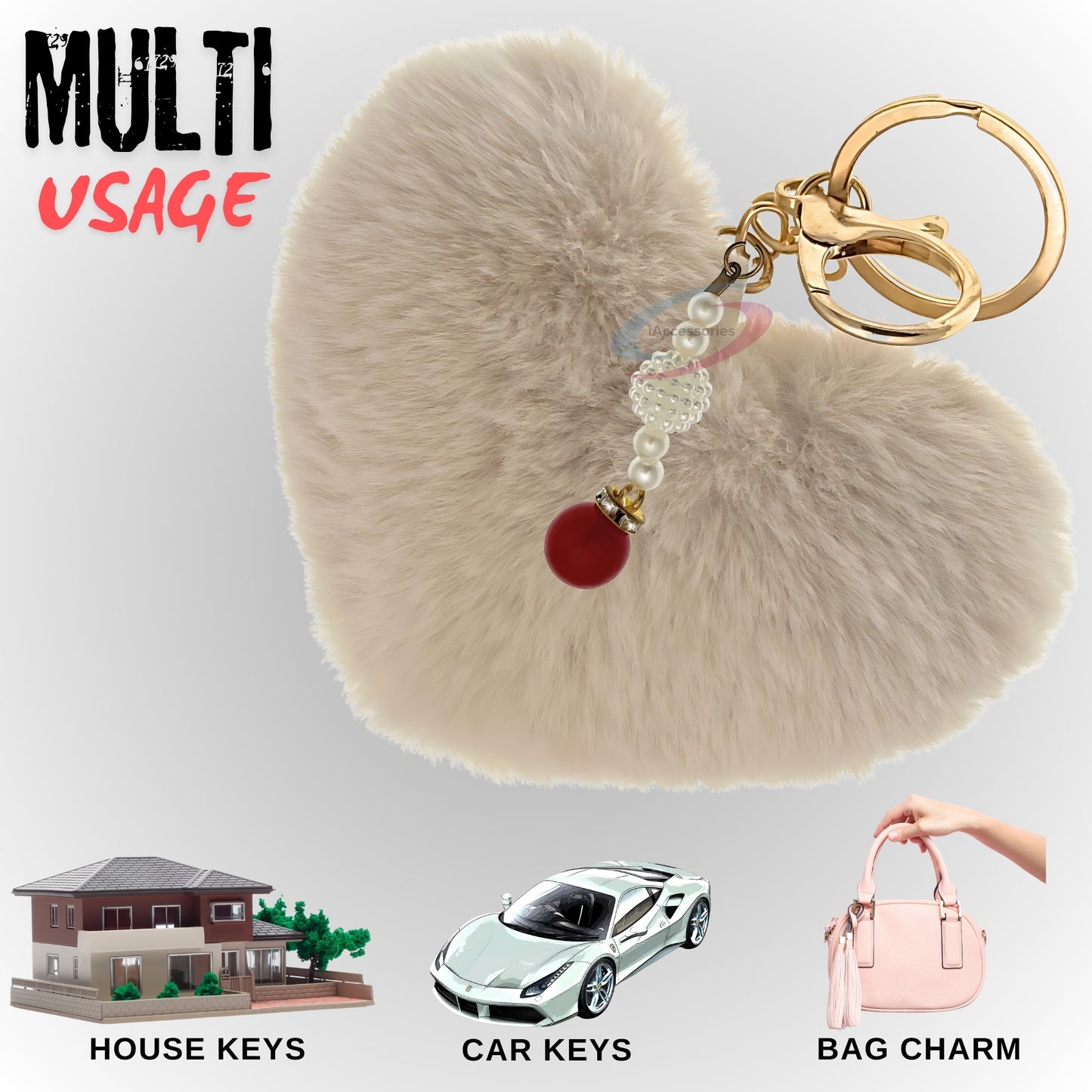 iAccessories Soft Faux Fur Pompom Heart Keychain with Pearl Pendant - Beige - iAccessories