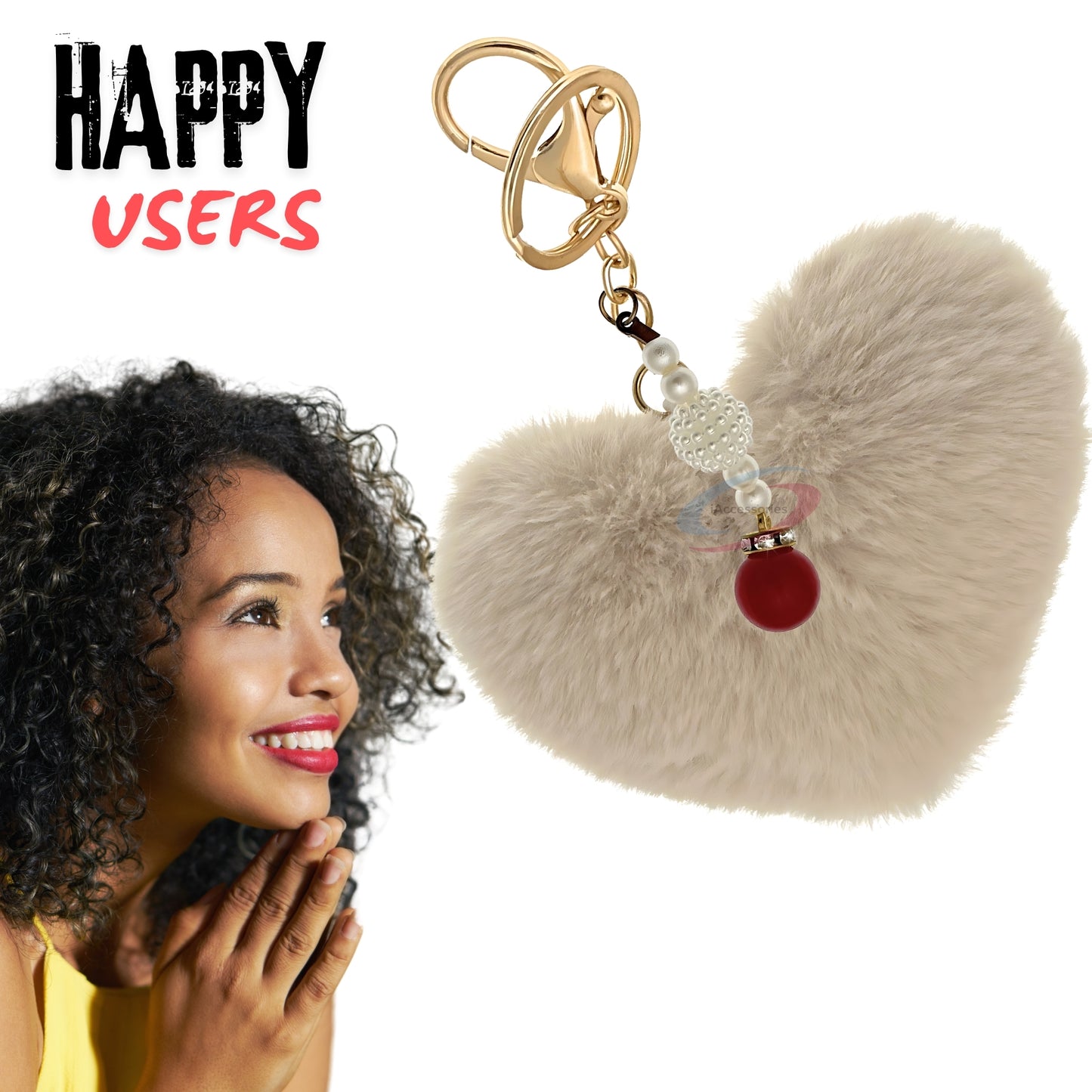 iAccessories Soft Faux Fur Pompom Heart Keychain with Pearl Pendant - Beige - iAccessories