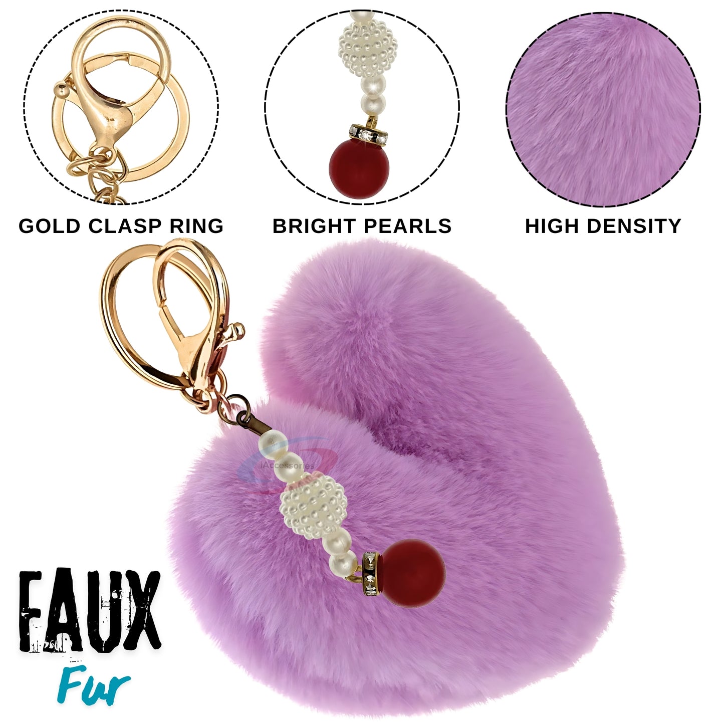 iAccessories Soft Faux Fur Pompom Heart Keychain with Pearl Pendant - Purple - iAccessories