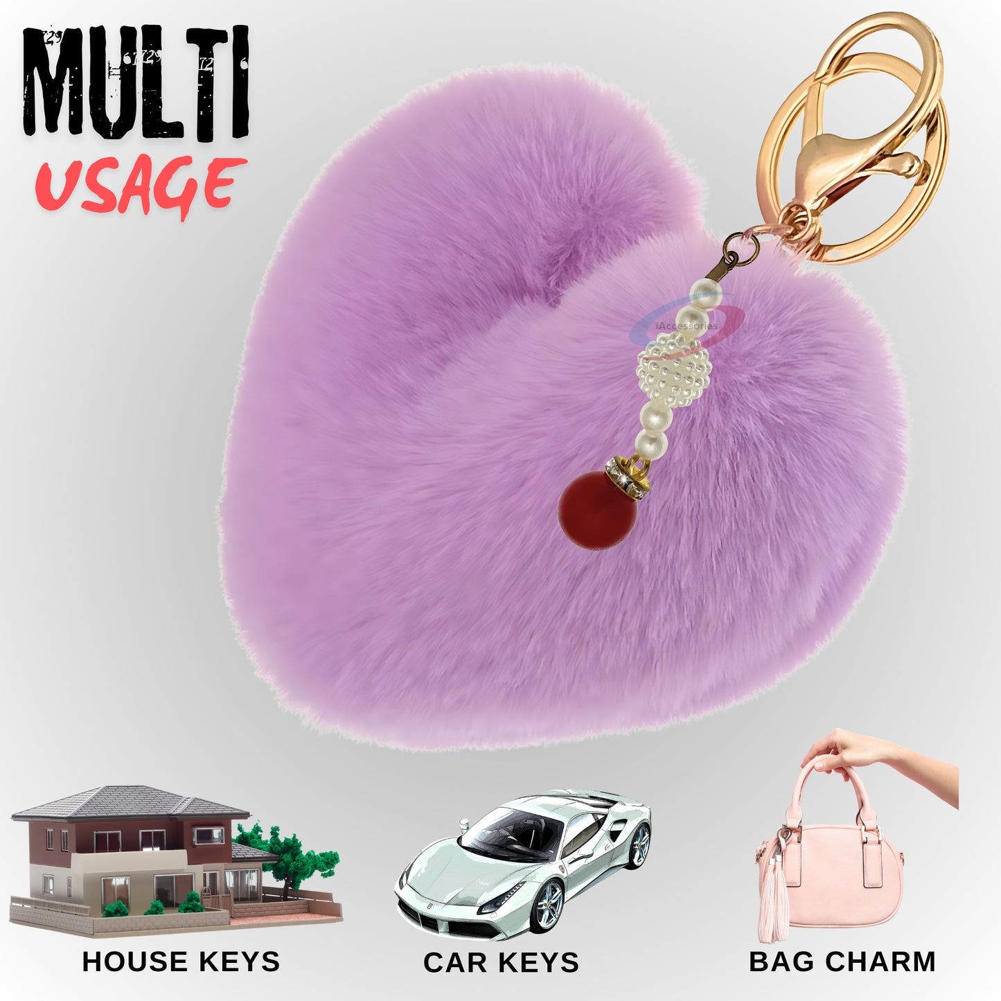 iAccessories Soft Faux Fur Pompom Heart Keychain with Pearl Pendant - Purple - iAccessories