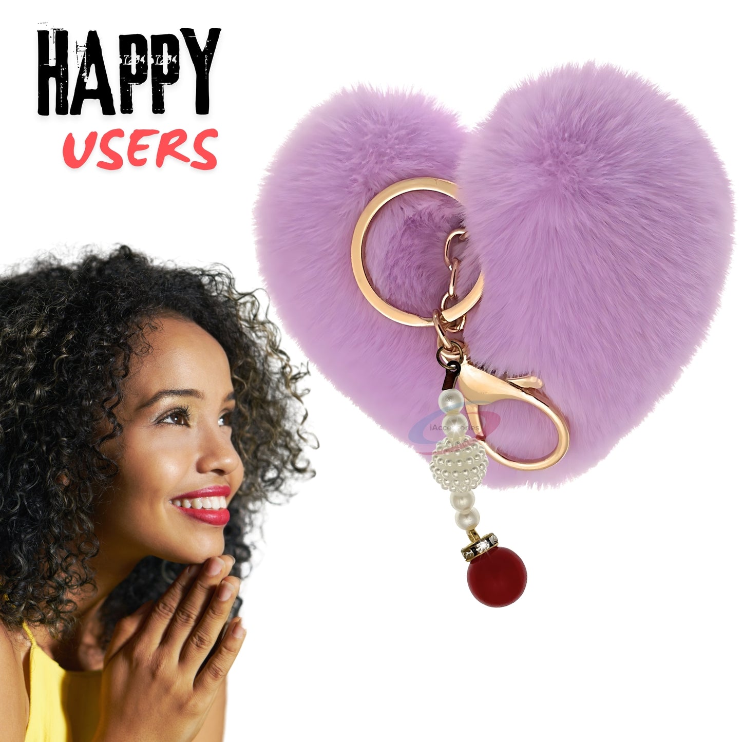 iAccessories Soft Faux Fur Pompom Heart Keychain with Pearl Pendant - Purple - iAccessories
