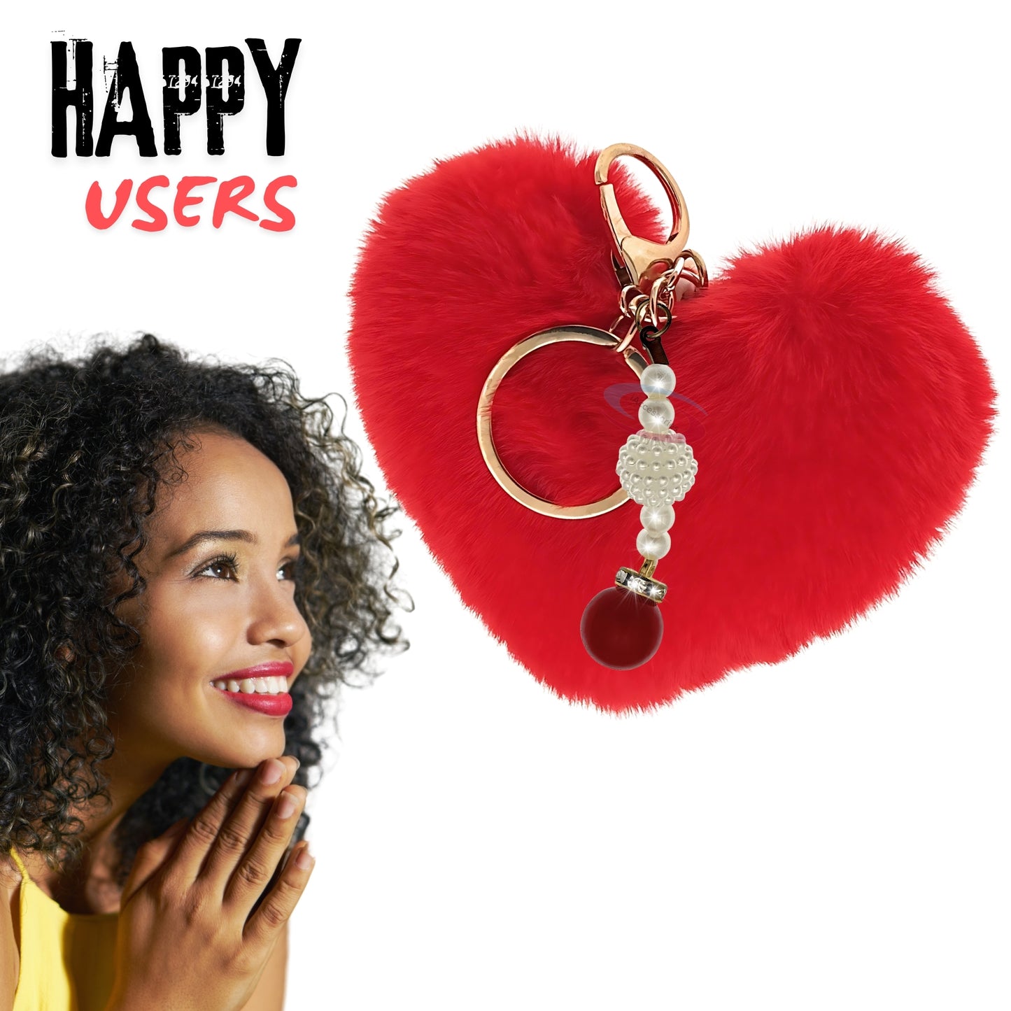 iAccessories Soft Faux Fur Pompom Heart Keychain with Pearl Pendant- Red - iAccessories