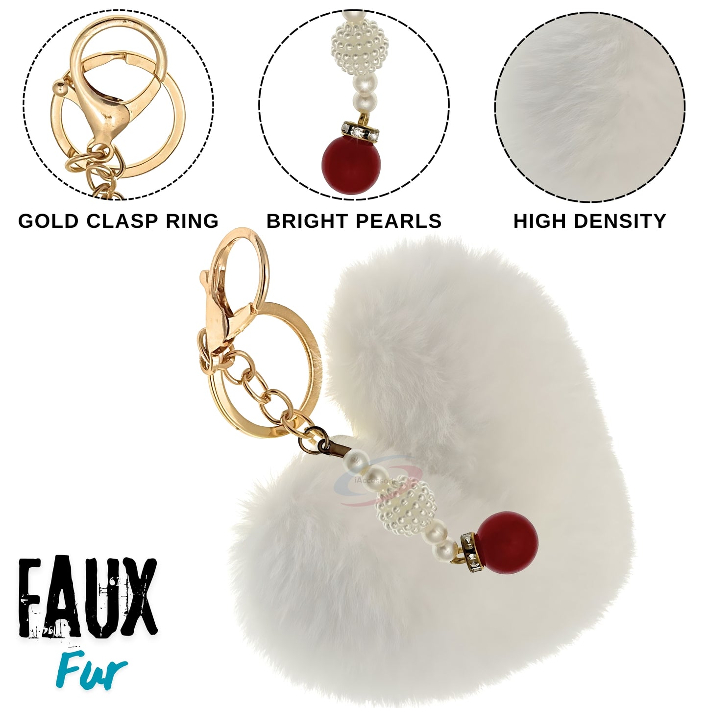 iAccessories Soft Faux Fur Pompom Heart Keychain with Pearl Pendant- White - iAccessories