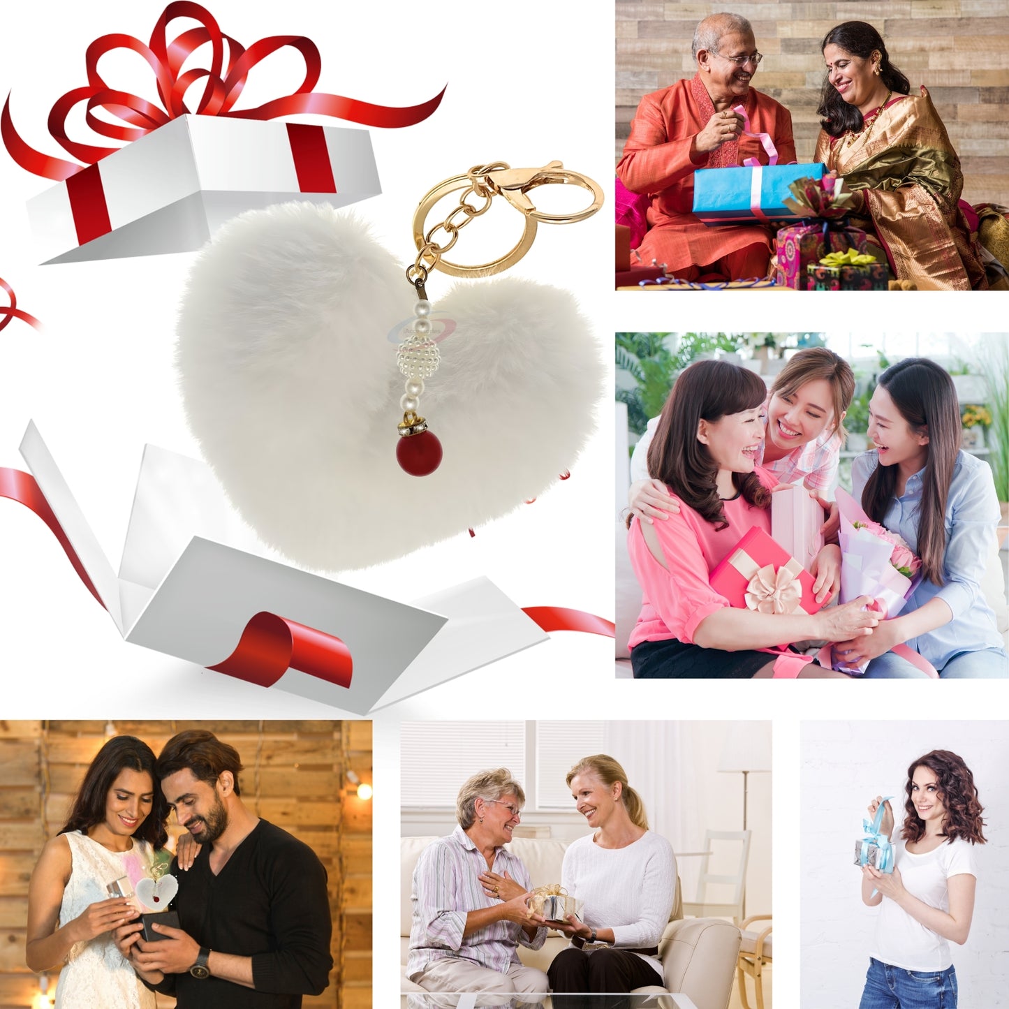iAccessories Soft Faux Fur Pompom Heart Keychain with Pearl Pendant- White - iAccessories