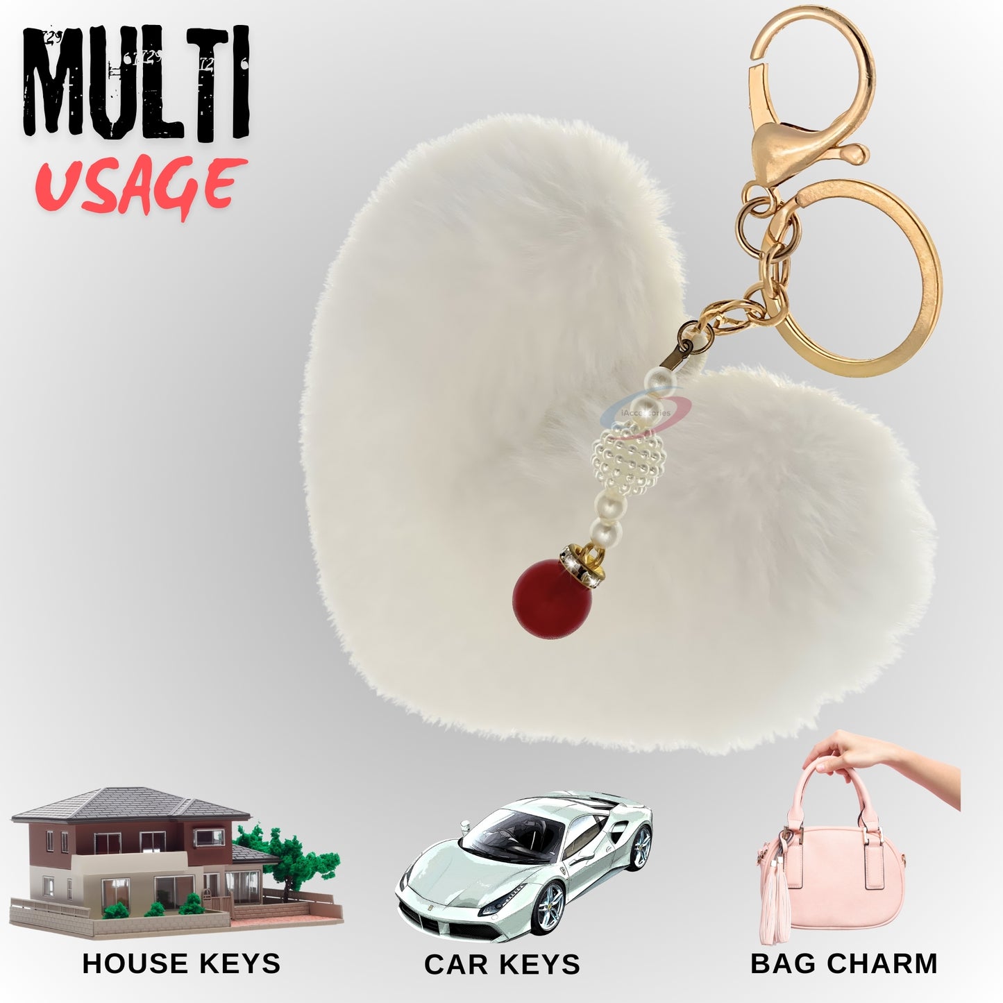 iAccessories Soft Faux Fur Pompom Heart Keychain with Pearl Pendant- White - iAccessories