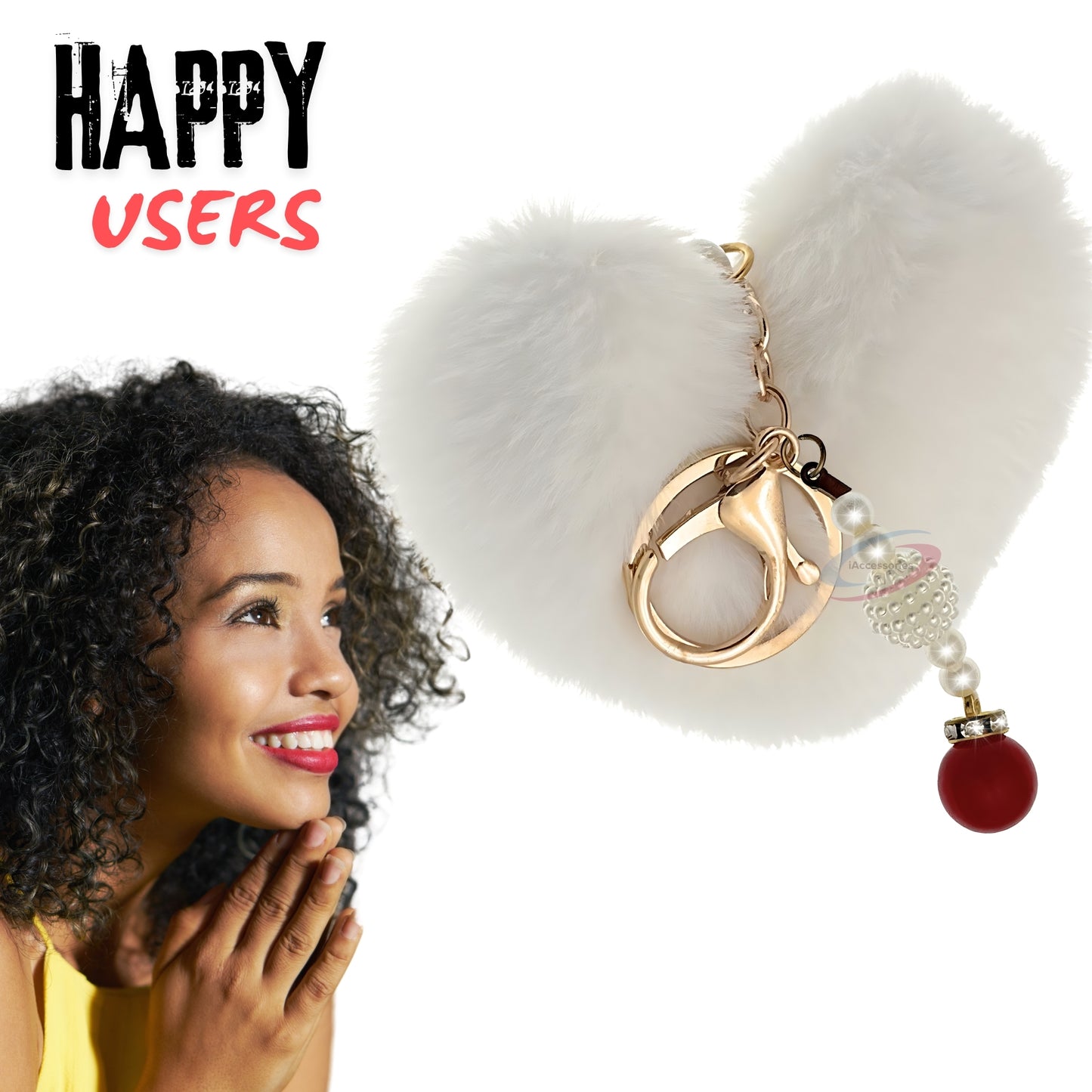 iAccessories Soft Faux Fur Pompom Heart Keychain with Pearl Pendant- White - iAccessories