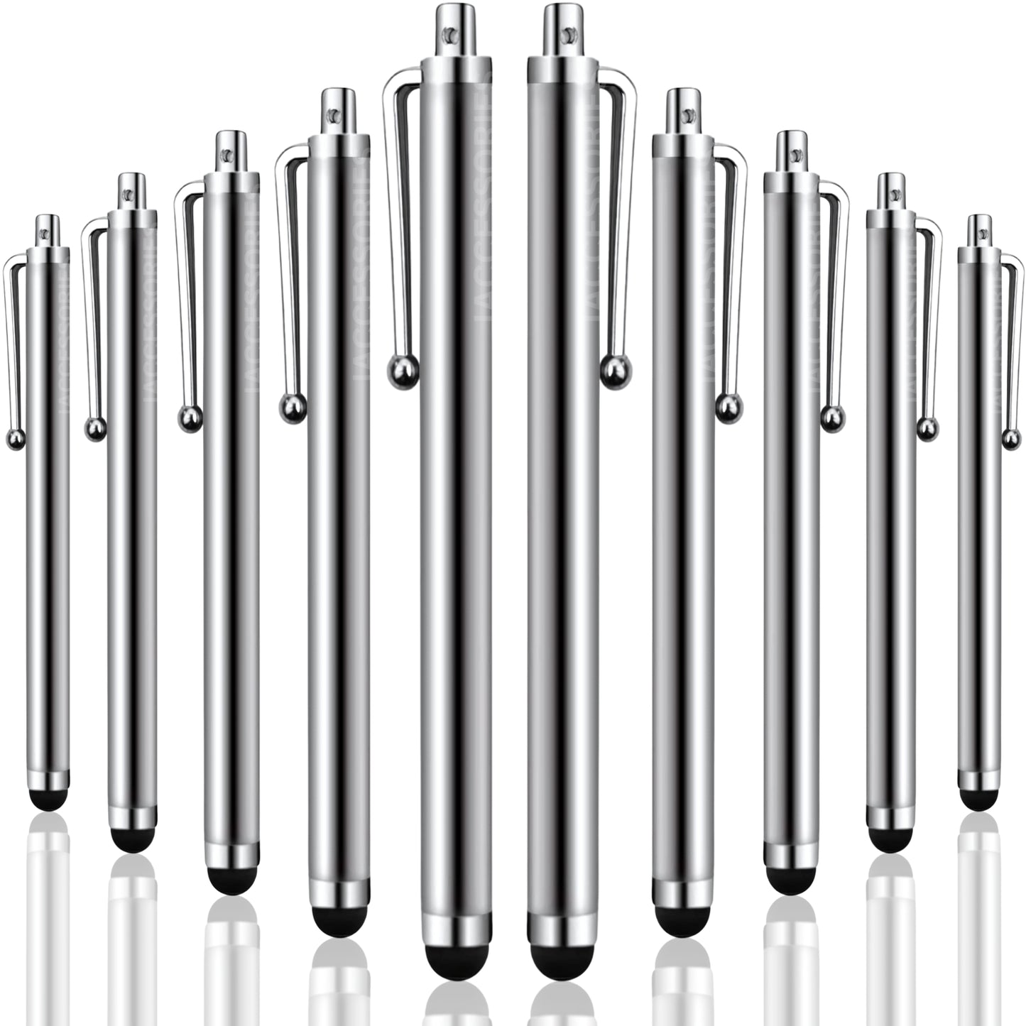 iAccessories Universal Capacitive Stylus Pens for All Touchscreen Devices Compatible with iPhone, iPad, Android Tablets, Mobile Phones - Pack of 10 - Silver - iAccessories