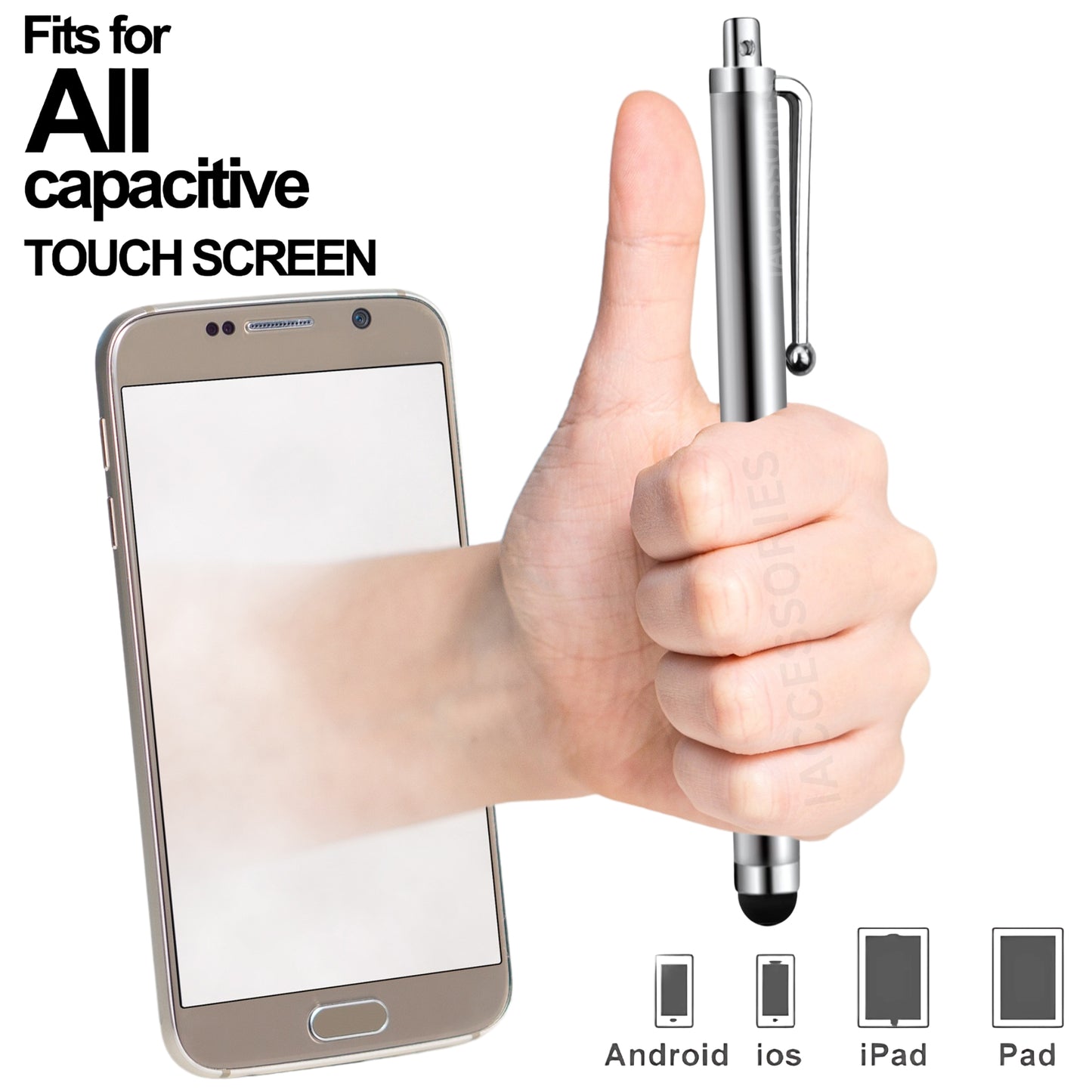 iAccessories Universal Capacitive Stylus Pens for All Touchscreen Devices Compatible with iPhone, iPad, Android Tablets, Mobile Phones - Pack of 10 - Silver - iAccessories
