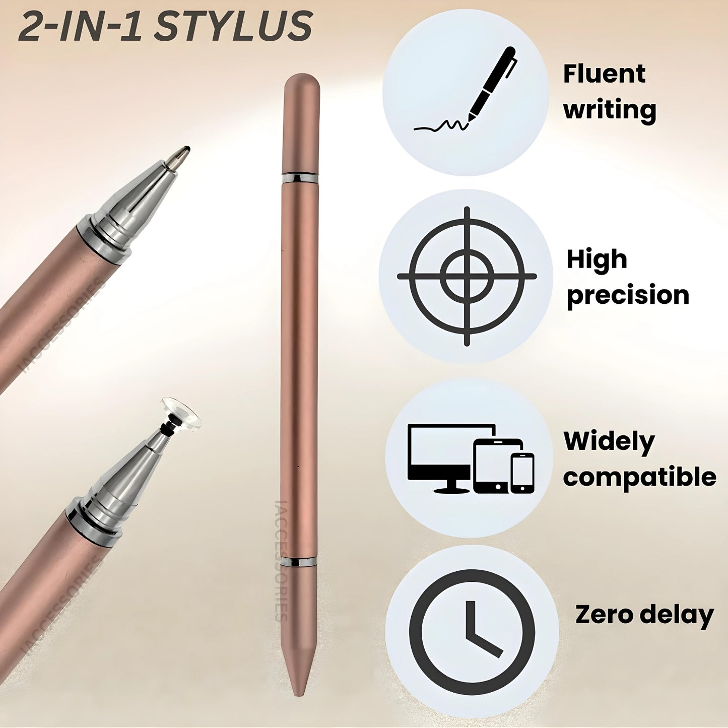 iAccessories 2 in 1 Fine Point Silicon Disc Tip Stylus with Ballpoint Pen for All Touch Screen Devices - Mobile Phones Android Tablets iOS Pads - Rose Gold - iAccessories