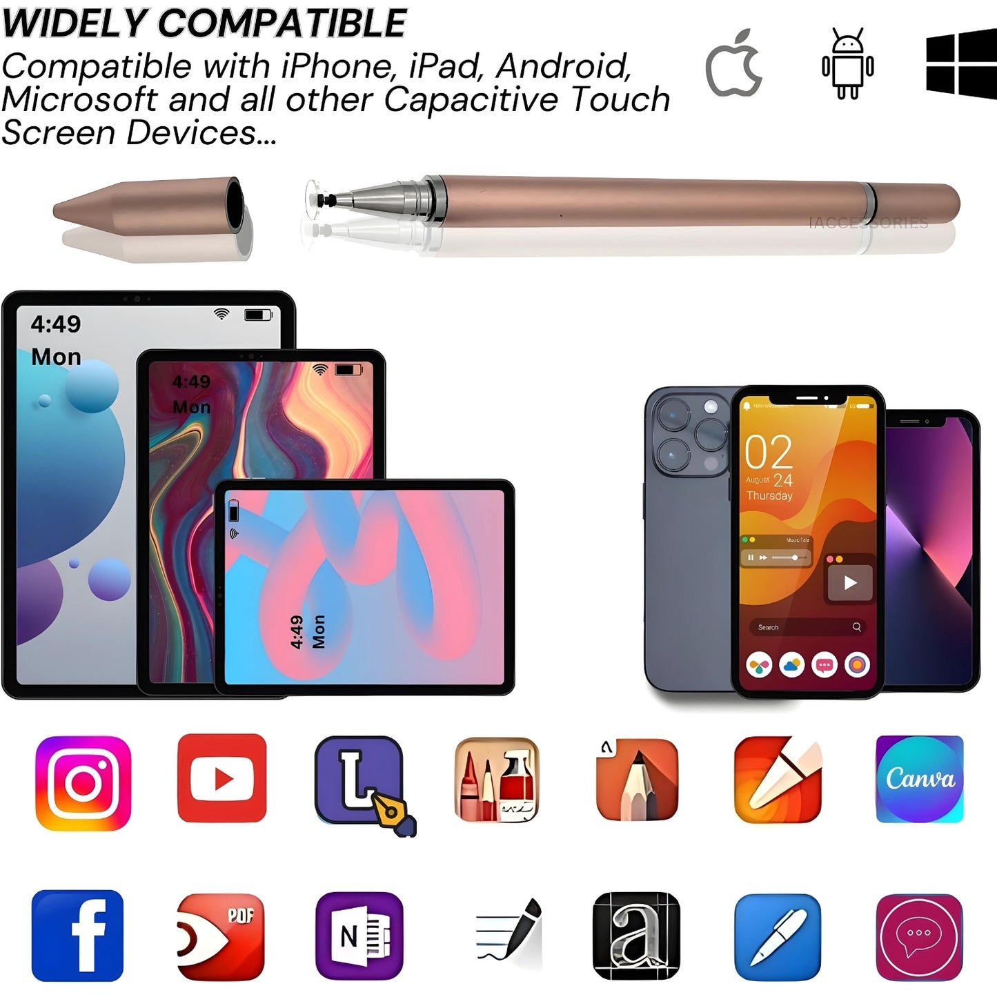 iAccessories 2 in 1 Fine Point Silicon Disc Tip Stylus with Ballpoint Pen for All Touch Screen Devices - Mobile Phones Android Tablets iOS Pads - Rose Gold - iAccessories