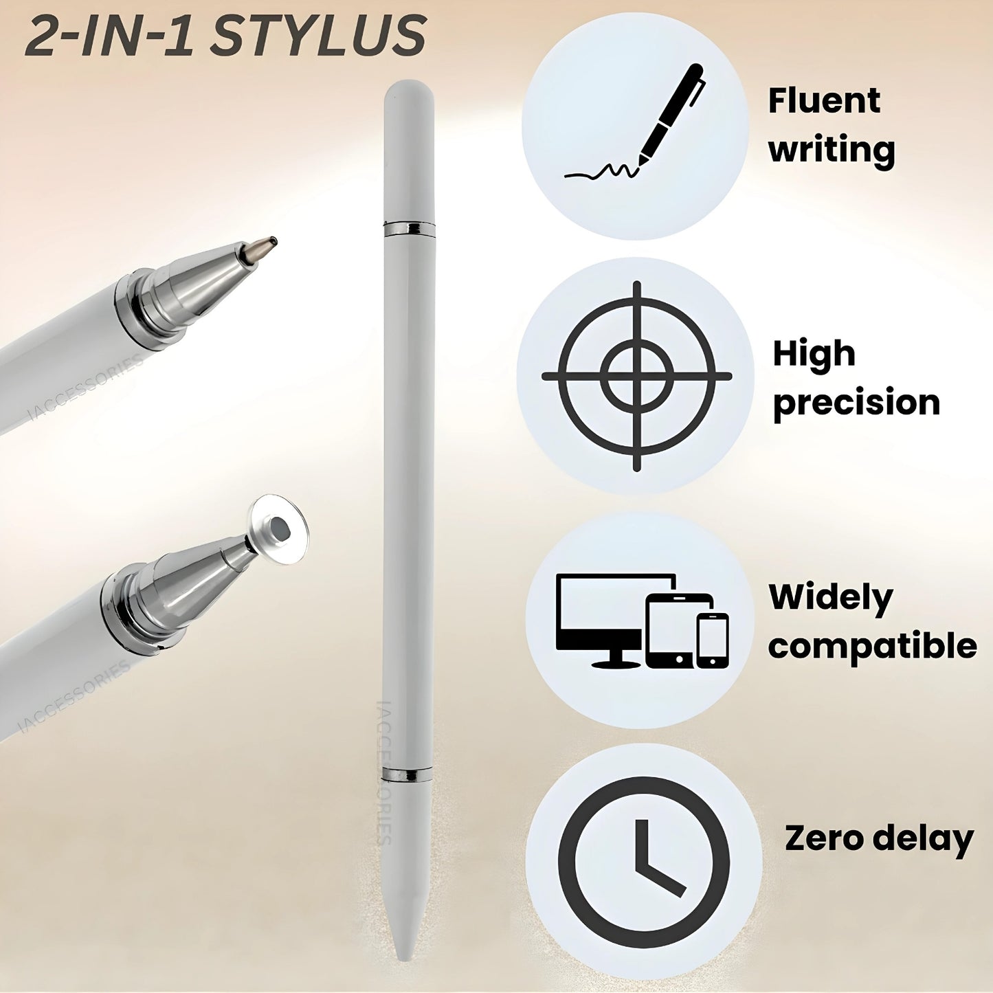 iAccessories 2 in 1 Fine Point Silicon Disc Tip Stylus with Ballpoint Pen for All Touch Screen Devices - Mobile Phones, Android Tablets, iOS Pads - White - iAccessories