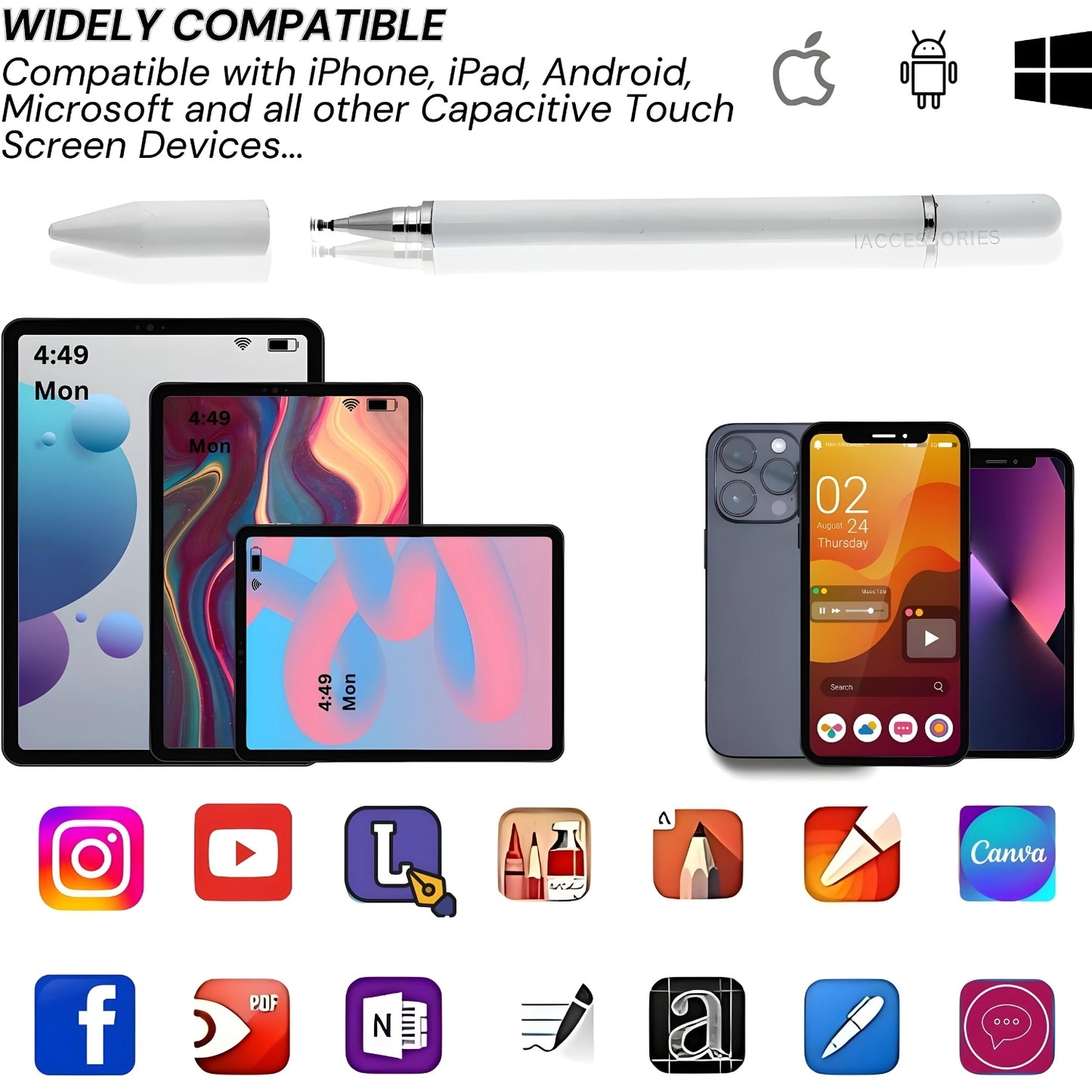iAccessories 2 in 1 Fine Point Silicon Disc Tip Stylus with Ballpoint Pen for All Touch Screen Devices - Mobile Phones, Android Tablets, iOS Pads - White - iAccessories