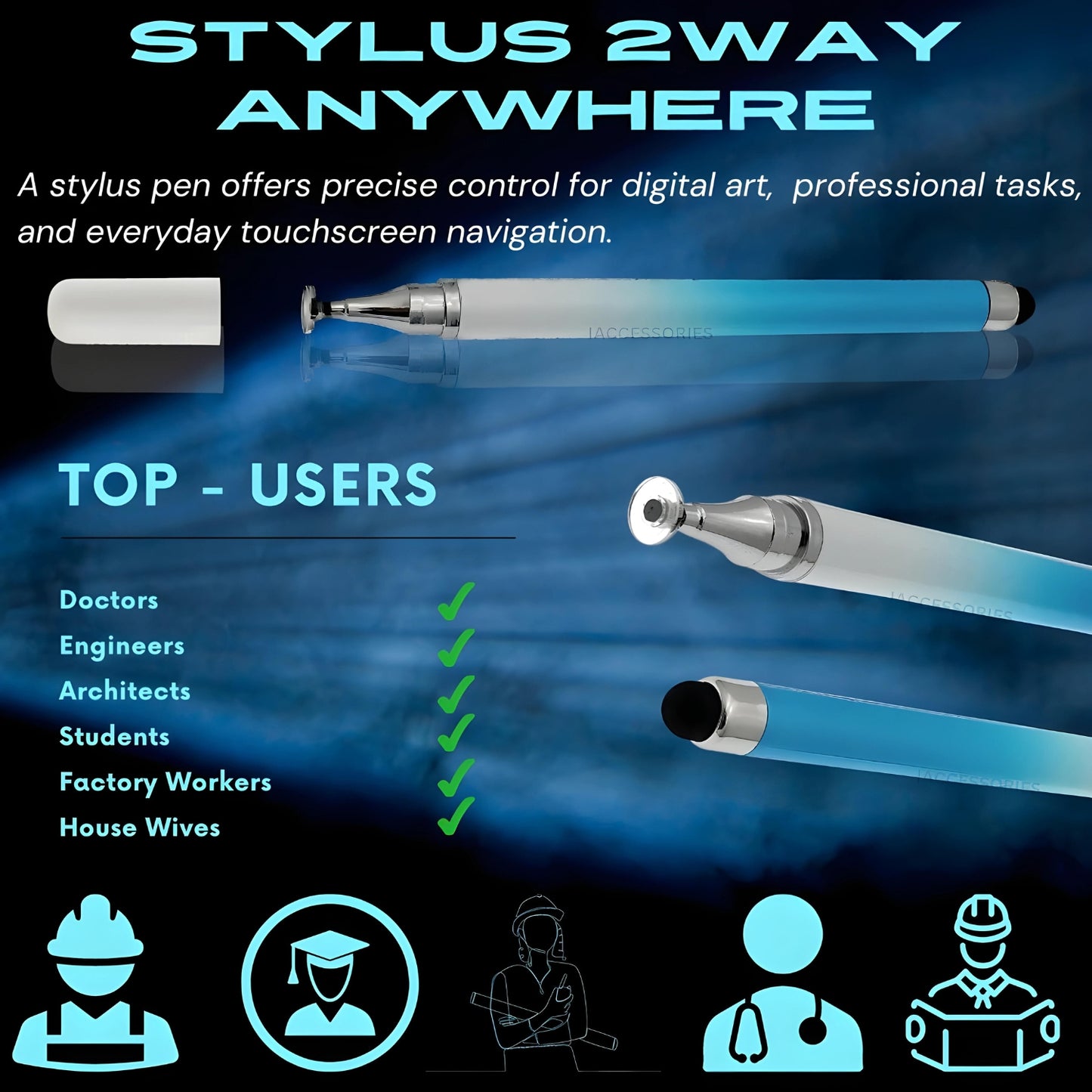 iAccessories 2-Way Dual-Sided Stylus Pen Compatible with All Touch Screen Mobile Phones, Pads, Tablets, iOS, Windows & Android - Blue Gradient - iAccessories