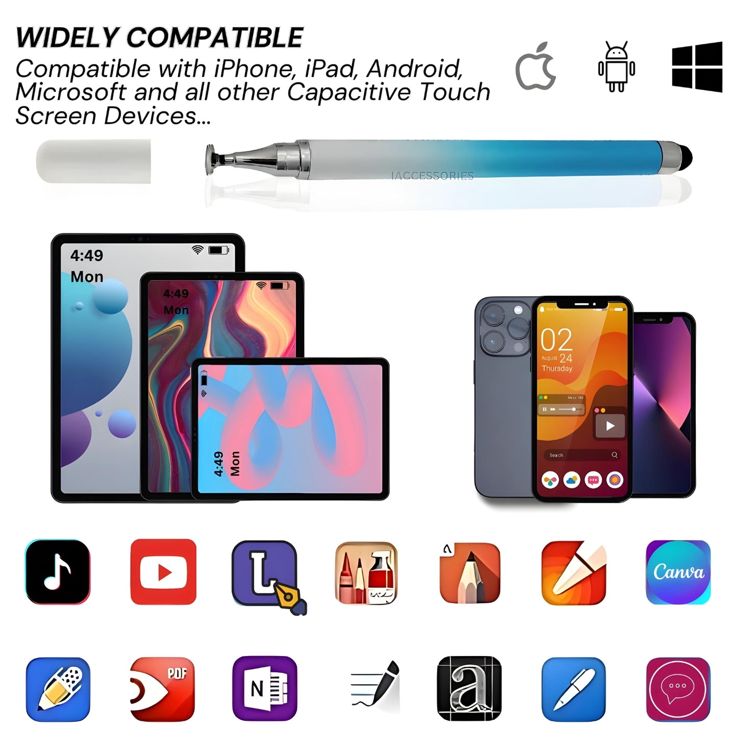 iAccessories 2-Way Dual-Sided Stylus Pen Compatible with All Touch Screen Mobile Phones, Pads, Tablets, iOS, Windows & Android - Blue Gradient - iAccessories