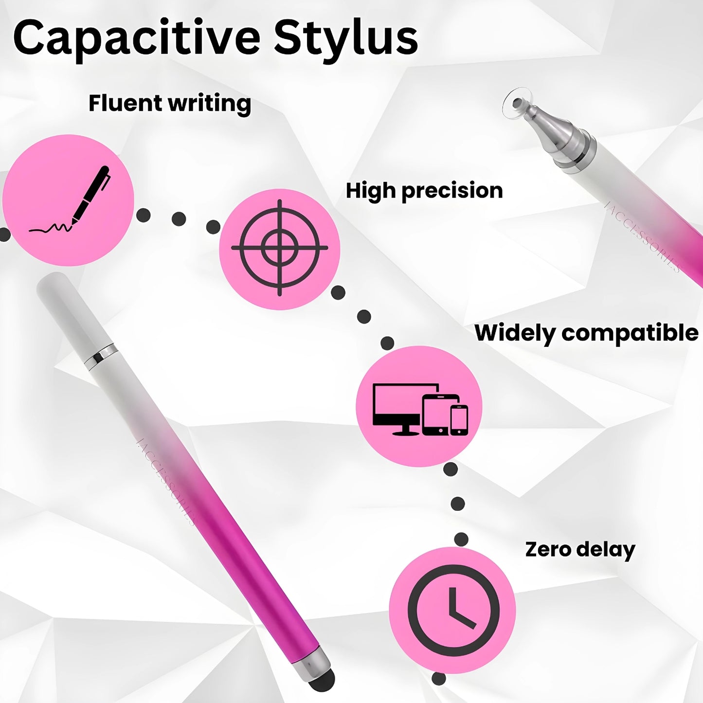 iAccessories 2-Way Dual-Sided Stylus Pen Compatible with All Touch Screen Mobile Phones, Pads, Tablets, iOS, Windows & Android - Pink Gradient - iAccessories