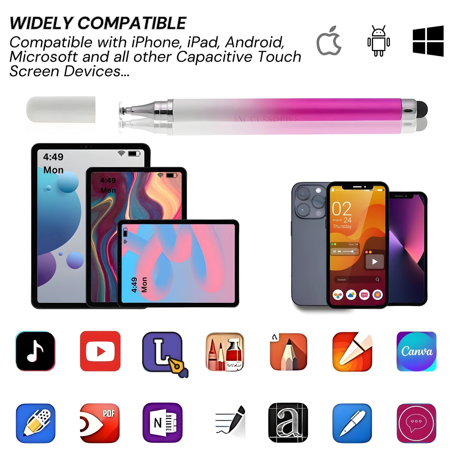 iAccessories 2-Way Dual-Sided Stylus Pen Compatible with All Touch Screen Mobile Phones, Pads, Tablets, iOS, Windows & Android - Pink Gradient - iAccessories