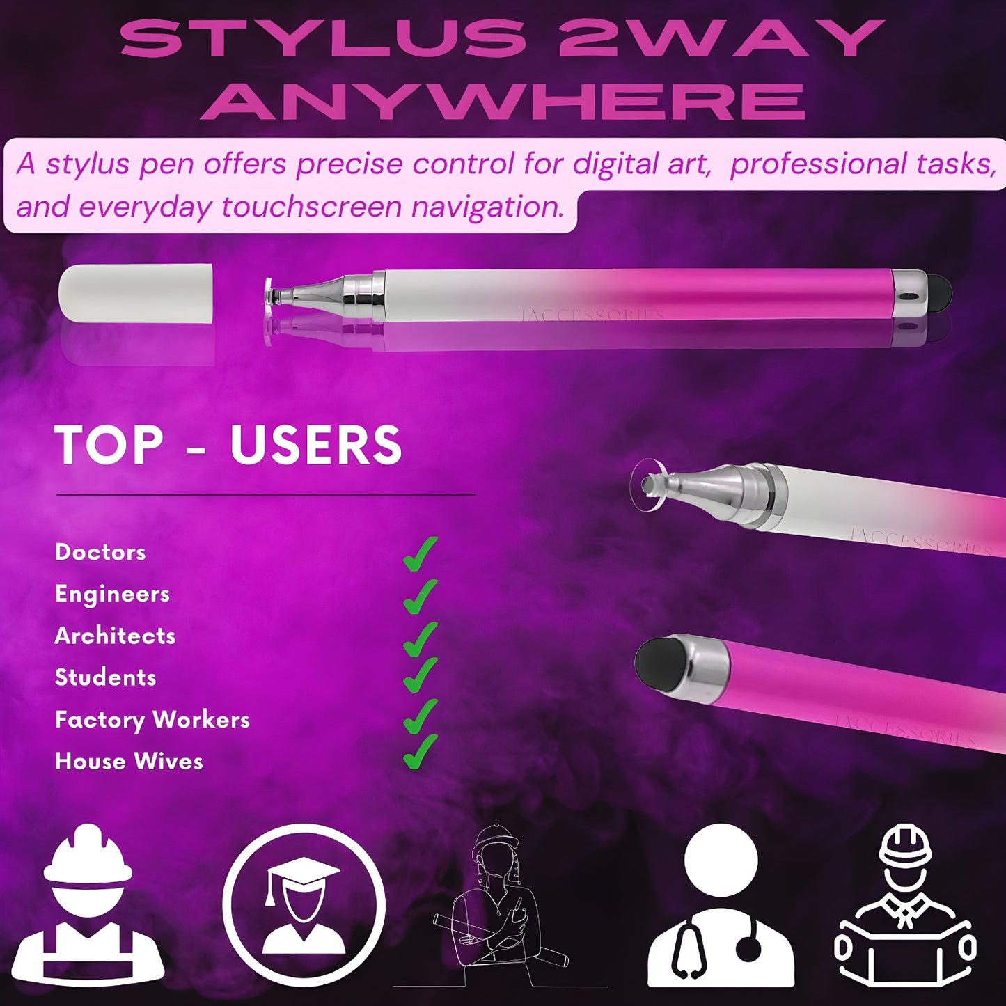 iAccessories 2-Way Dual-Sided Stylus Pen Compatible with All Touch Screen Mobile Phones, Pads, Tablets, iOS, Windows & Android - Pink Gradient - iAccessories