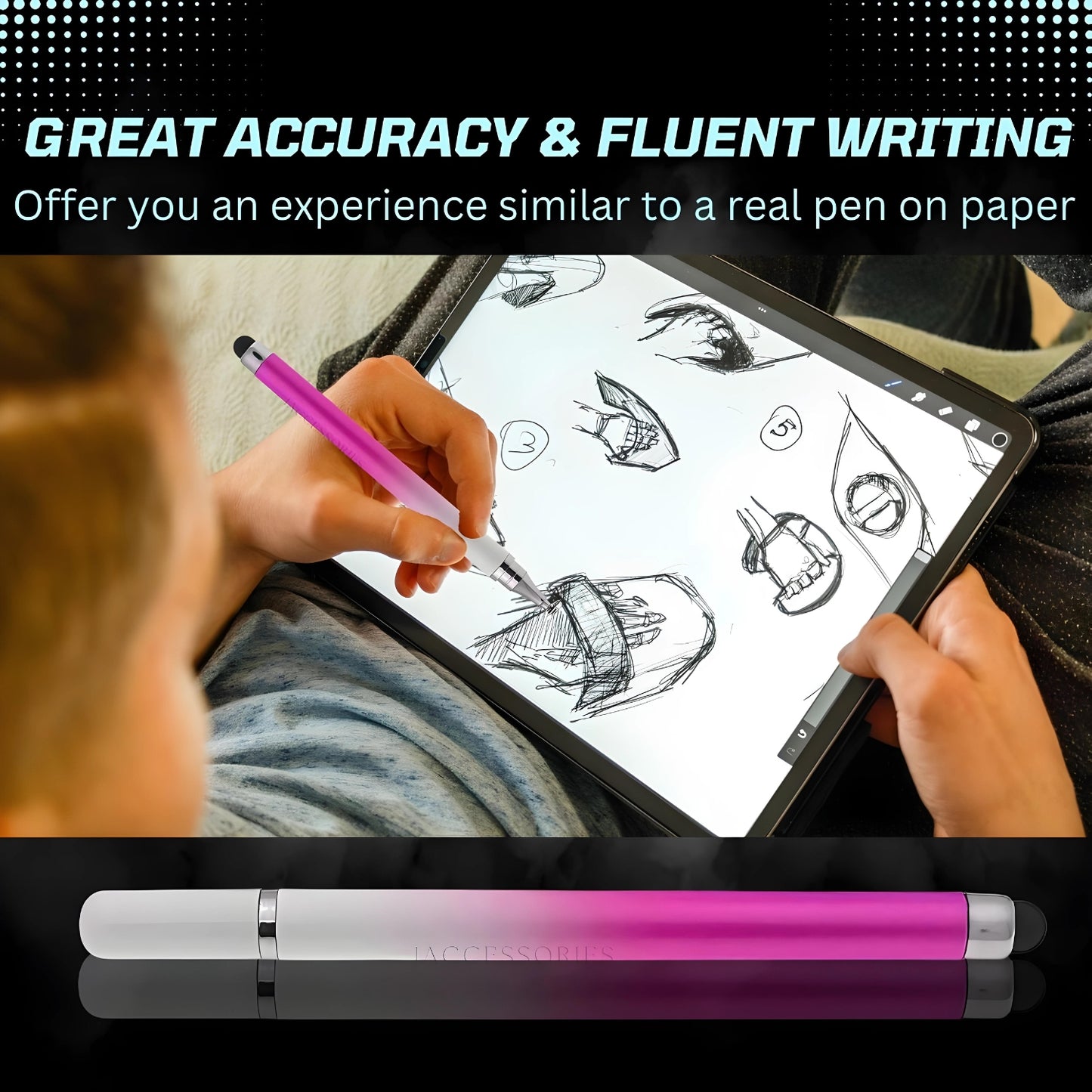 iAccessories 2-Way Dual-Sided Stylus Pen Compatible with All Touch Screen Mobile Phones, Pads, Tablets, iOS, Windows & Android - Pink Gradient - iAccessories