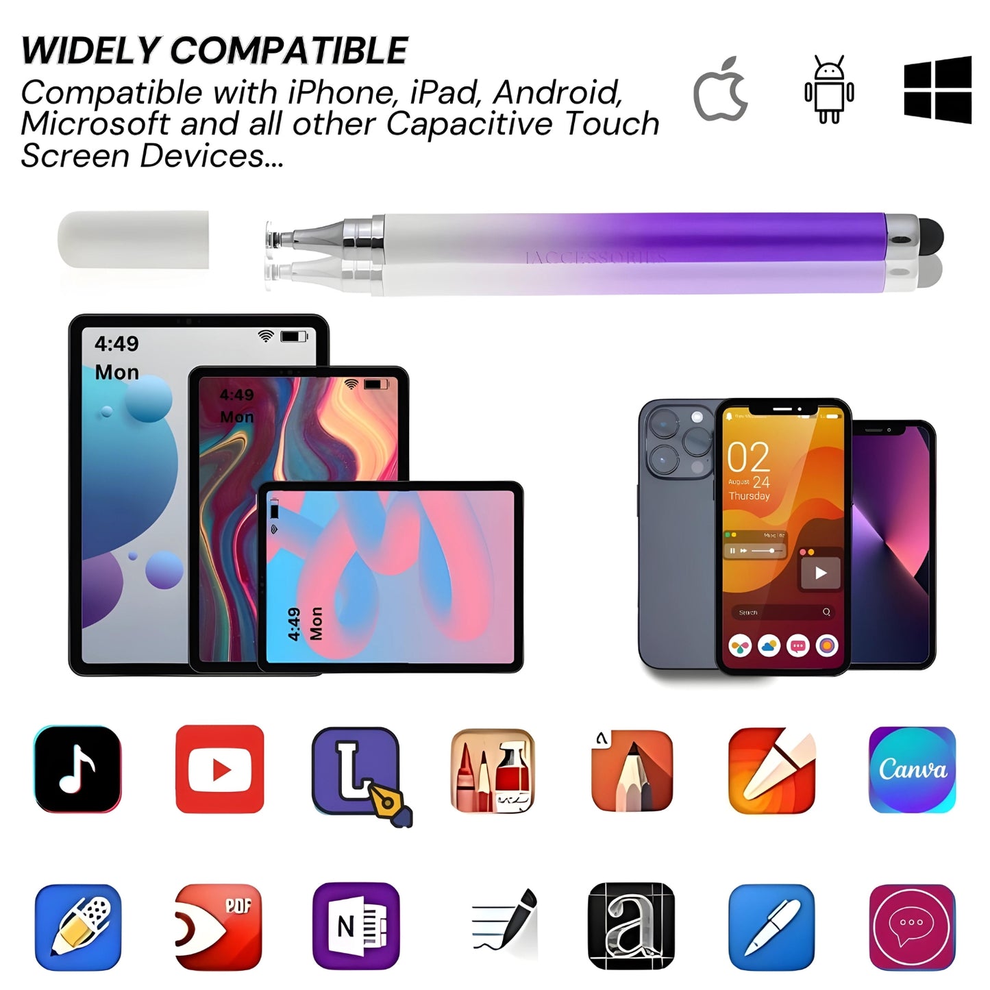 iAccessories 2-Way Dual-Sided Stylus Pen Compatible with All Touch Screen Mobile Phones, Pads, Tablets, iOS, Windows & Android - Purple Gradient - iAccessories