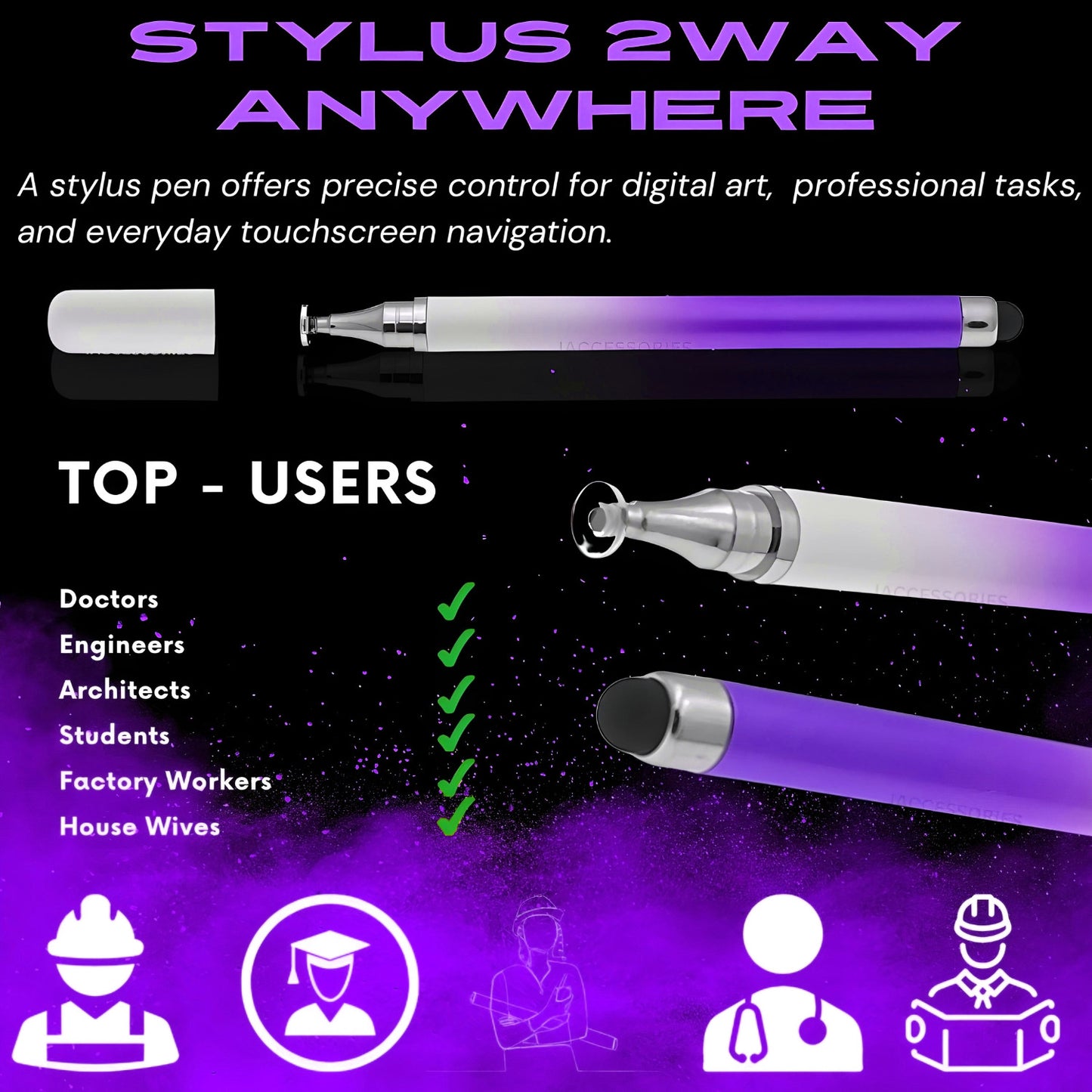 iAccessories 2-Way Dual-Sided Stylus Pen Compatible with All Touch Screen Mobile Phones, Pads, Tablets, iOS, Windows & Android - Purple Gradient - iAccessories