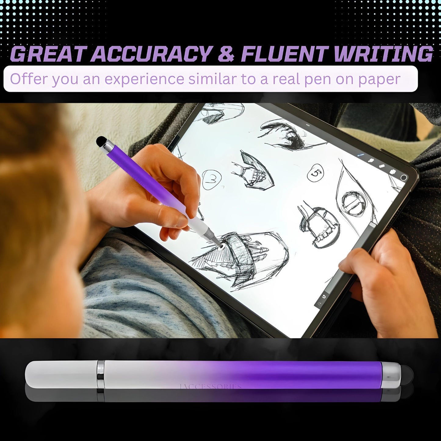 iAccessories 2-Way Dual-Sided Stylus Pen Compatible with All Touch Screen Mobile Phones, Pads, Tablets, iOS, Windows & Android - Purple Gradient - iAccessories