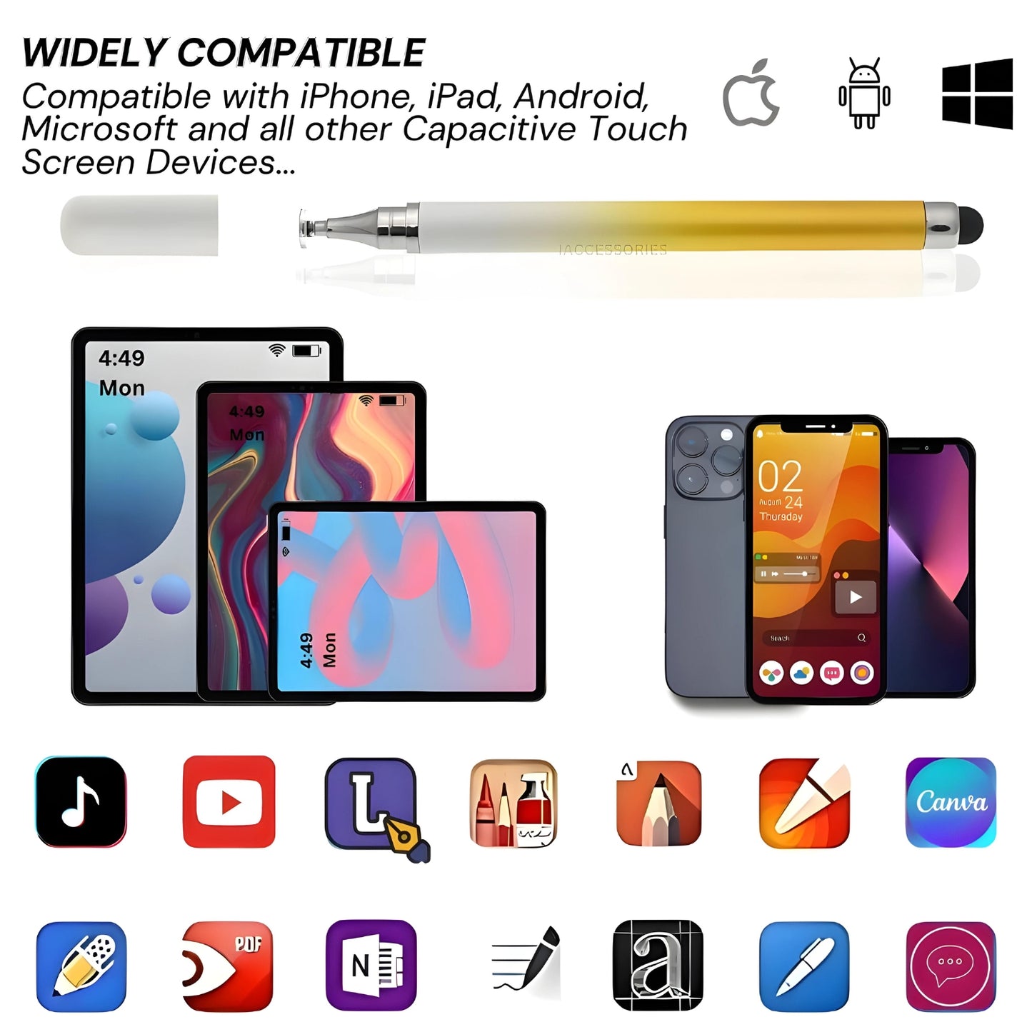 iAccessories 2-Way Dual-Sided Stylus Pen for All Touch Screen Devices Android Mobile Phones Tablets Pads Smartphones - Yellow Gradient - iAccessories