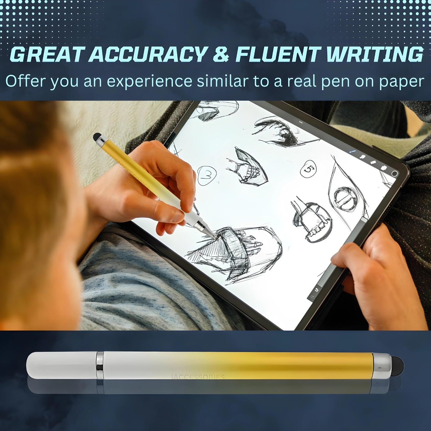 iAccessories 2-Way Dual-Sided Stylus Pen for All Touch Screen Devices Android Mobile Phones Tablets Pads Smartphones - Yellow Gradient - iAccessories