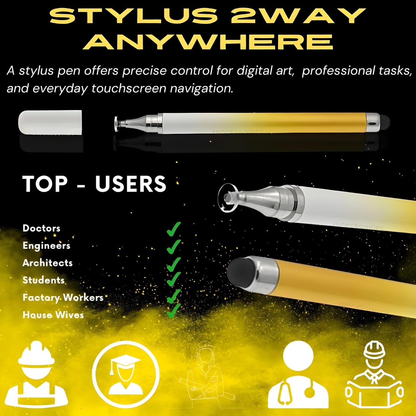 iAccessories 2-Way Dual-Sided Stylus Pen for All Touch Screen Devices Android Mobile Phones Tablets Pads Smartphones - Yellow Gradient - iAccessories