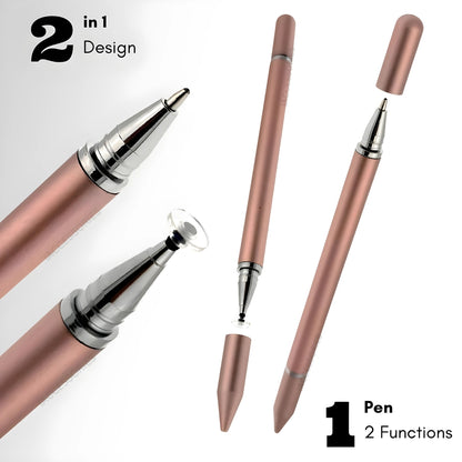 iAccessories 2 in 1 Fine Point Silicon Disc Tip Stylus with Ballpoint Pen for All Touch Screen Devices - Mobile Phones Android Tablets iOS Pads - Rose Gold - iAccessories