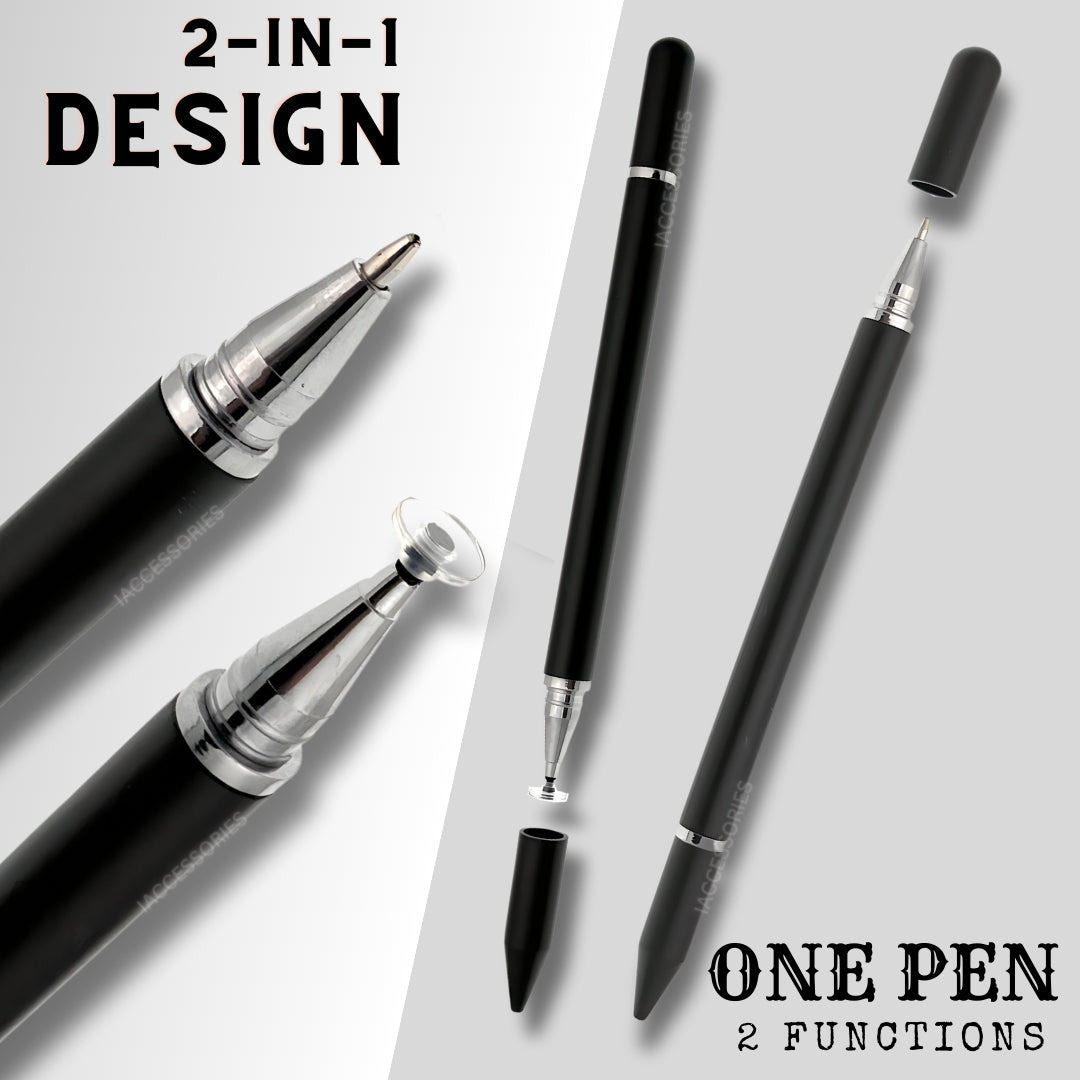 iAccessories 2 in 1 Fine Point Silicon Disc Tip Stylus with Ballpoint Pen for All Touch Screen Devices - Mobile Phones, Android Tablets, iOS Pads - Black - iAccessories
