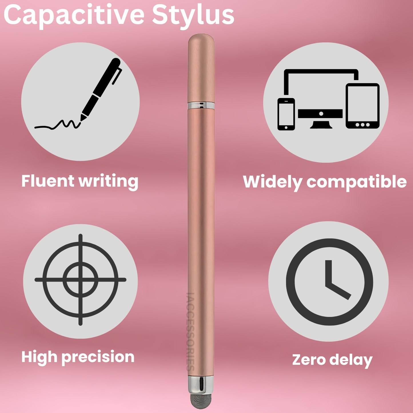 IAccessories 2-Way Universal Stylus Pen - Fine Point Disc Tip & Round Fiber Tip for iOS & Android - Rosegold