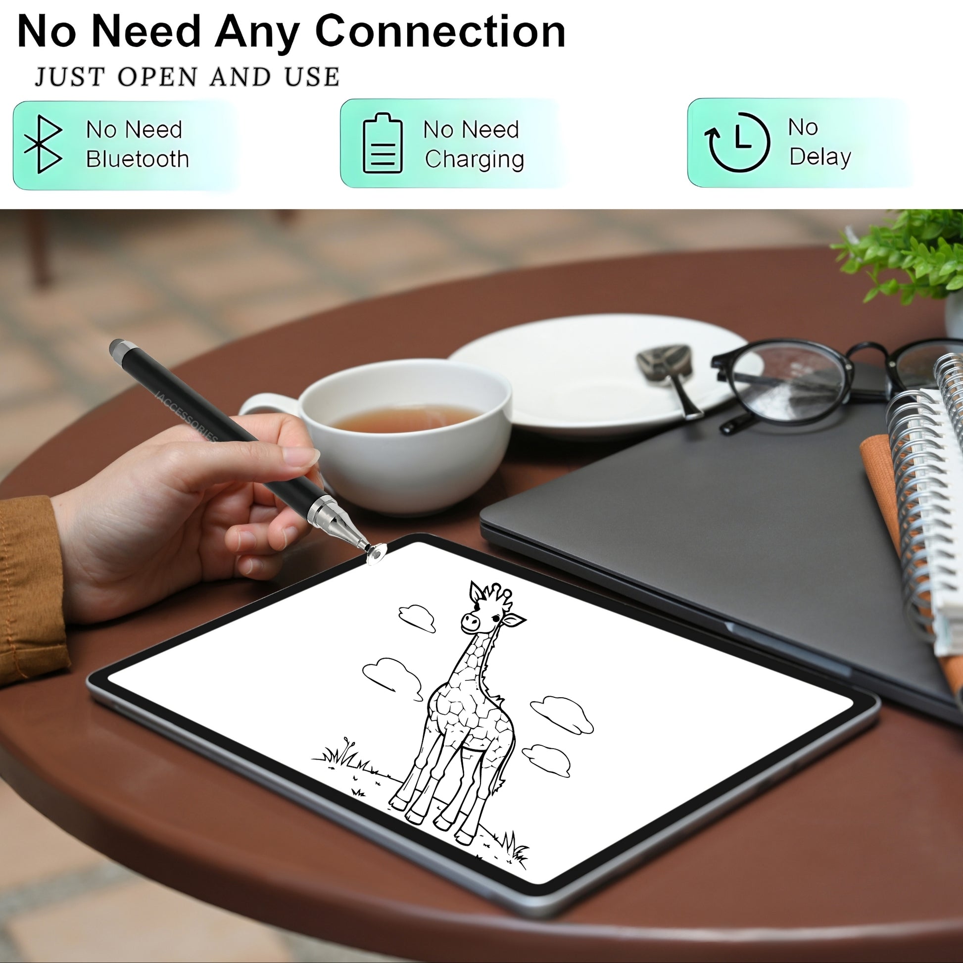 User drawing a giraffe illustration on a tablet with a stylus, coffee cup nearby, showcasing easy use without connection.
