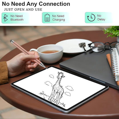 User demonstrating iAccessories Rose Gold Dual-Tip Stylus on tablet without connection, showcasing its easy use.