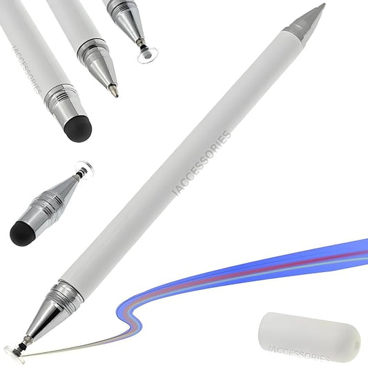 iAccessories 3-in-1 Stylus Pen - Fine Point Silicon Disc Tip, Round Tip, Ballpoint Pen - White - iAccessories