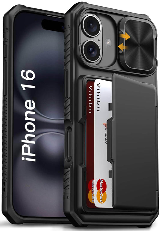 Vihibii Wallet Case for iPhone 16 – Black, RFID, Rugged