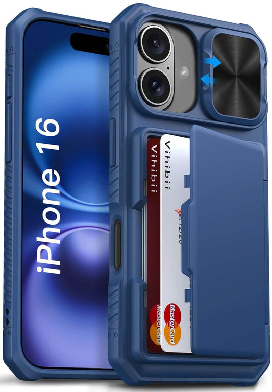 Vihibii Wallet Case for iPhone 16 – Blue, RFID, Shockproof