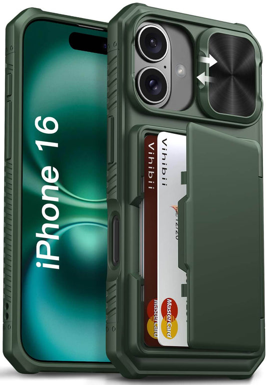 Vihibii Wallet Case for iPhone 16 – Green, RFID, Rugged