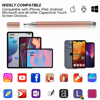 Rose Gold Dual-Tip Stylus for touch screens, iAccessories, compatible with iPhone, iPad, Android, and tablets.